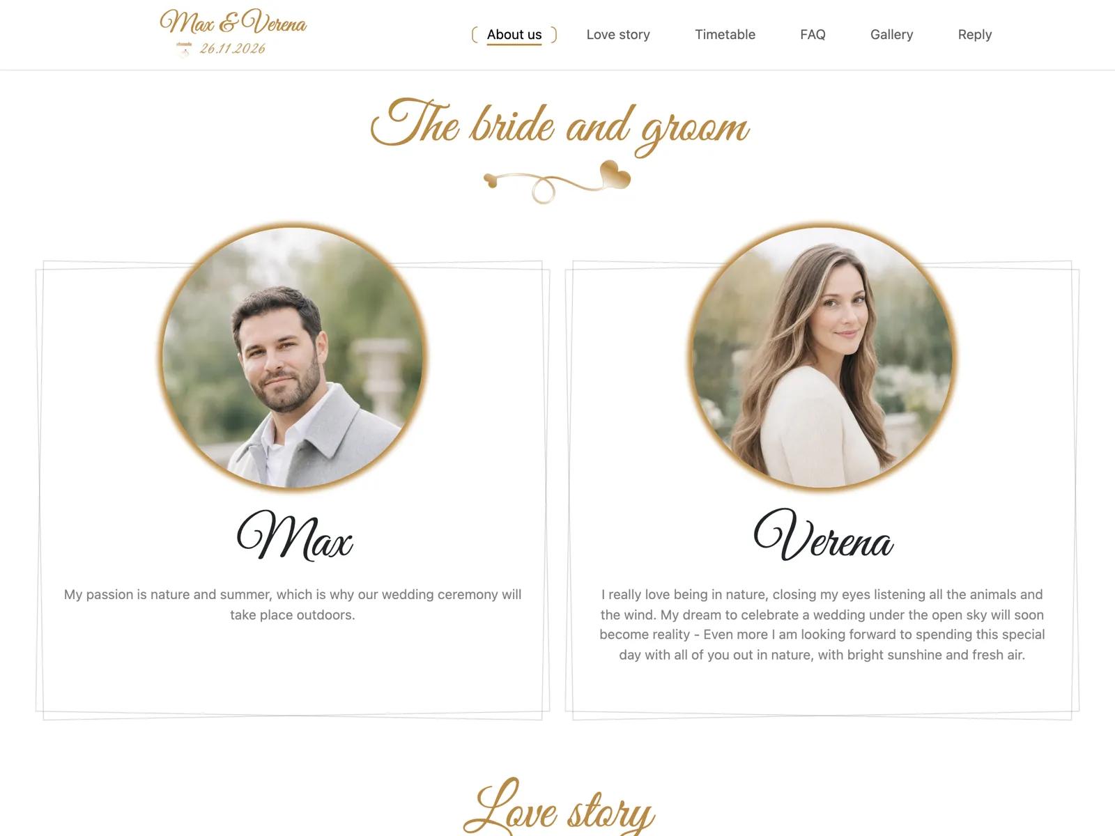 Layout of the wedding website in the Gold design: hero, countdown and RSVP block