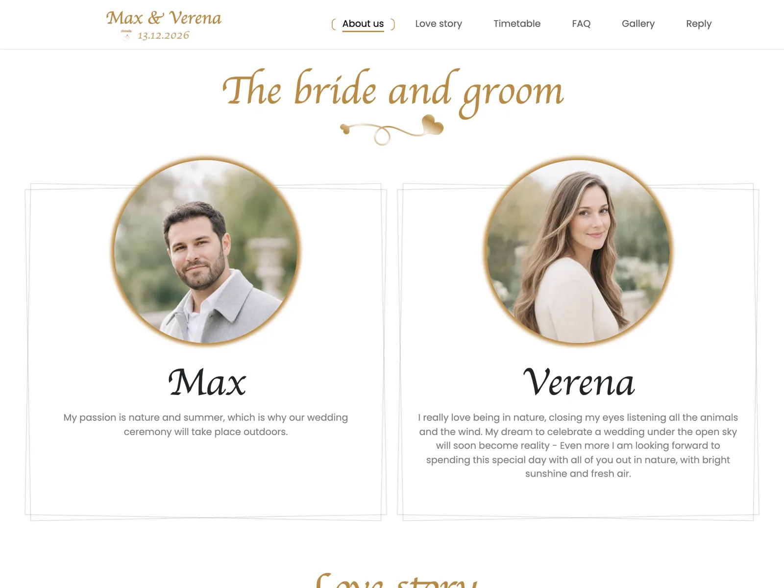 Layout of the wedding website in the Gold design: hero, countdown and RSVP block