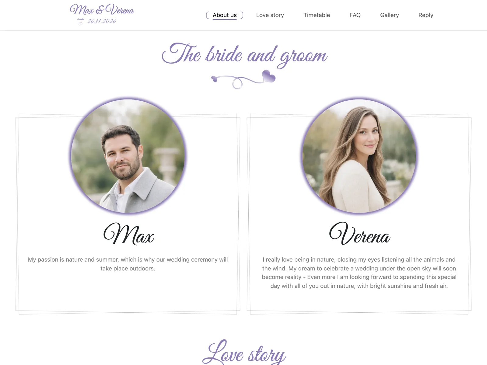 Layout of the wedding website in the Lavender design: hero, countdown and RSVP block