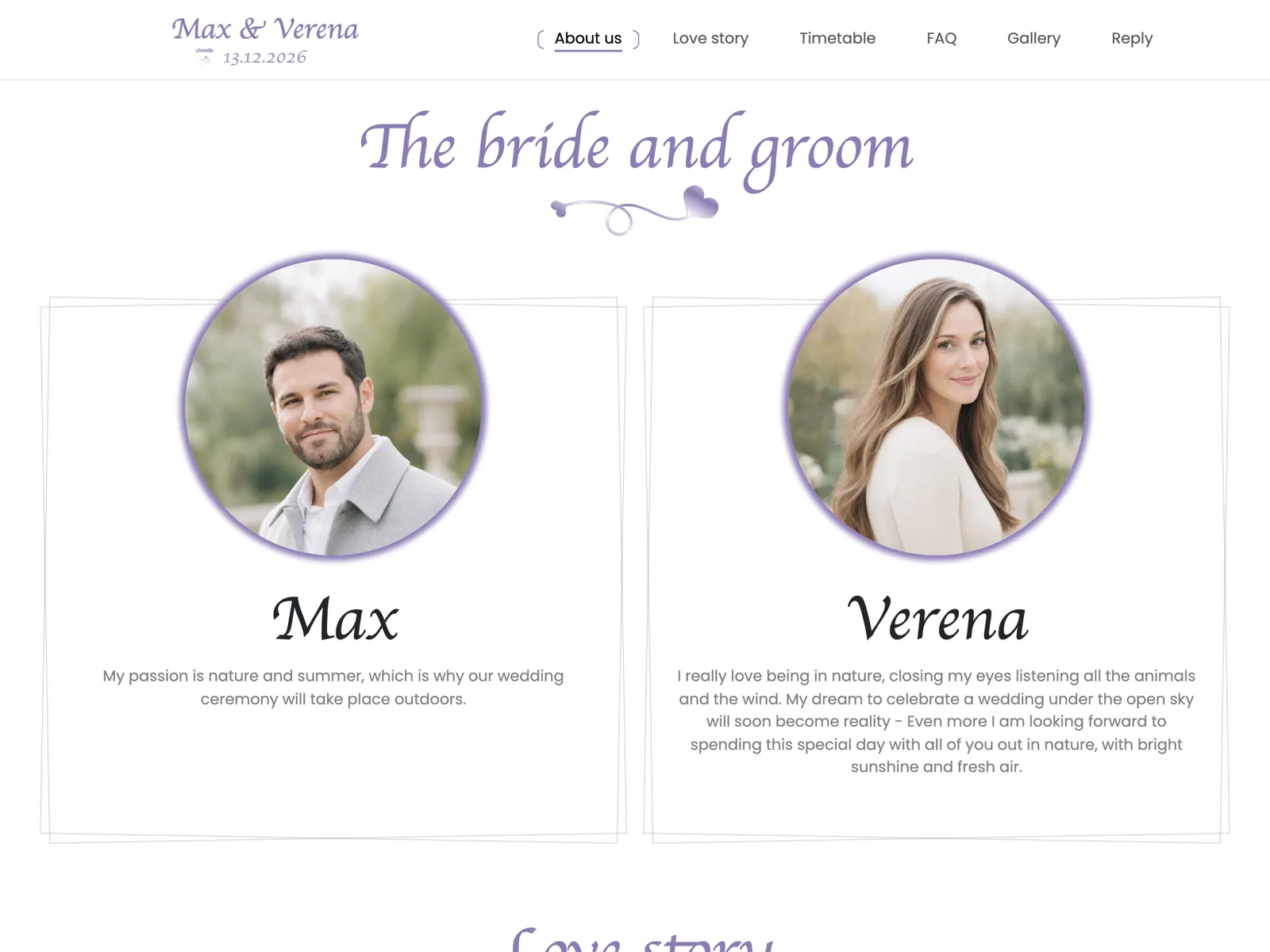 Layout of the wedding website in the Lavender design: hero, countdown and RSVP block