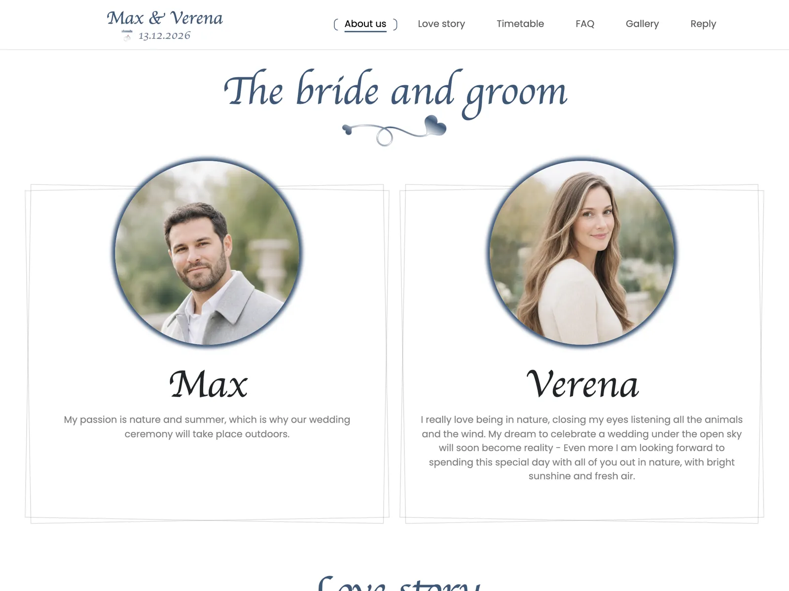 Layout of the wedding website in the Midnight blue design: hero, countdown and RSVP block