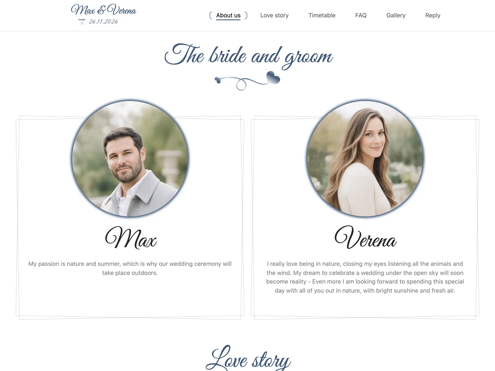 Layout of the wedding website in the Midnight blue design: hero, countdown and RSVP block
