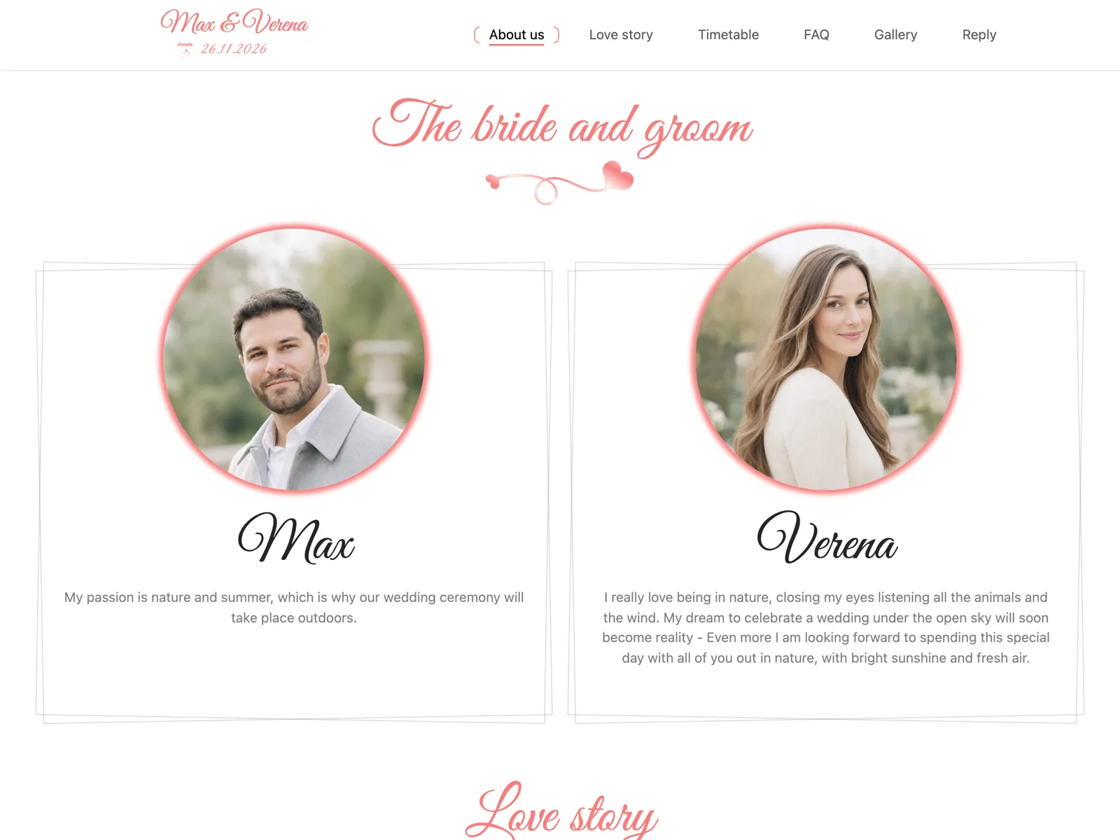 Layout of the wedding website in the Rosé design: hero, countdown and RSVP block