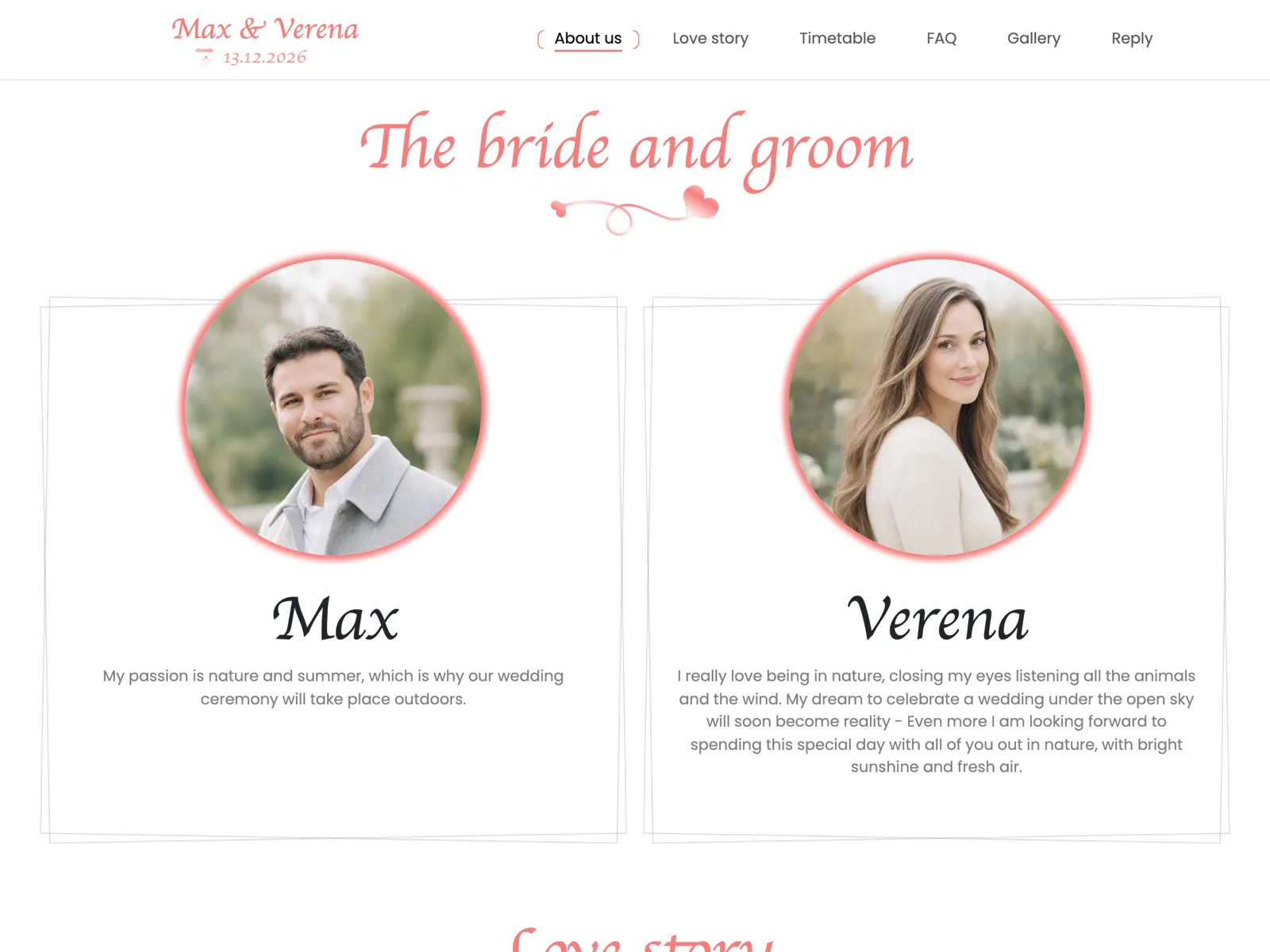 Layout of the wedding website in the Rosé design: hero, countdown and RSVP block