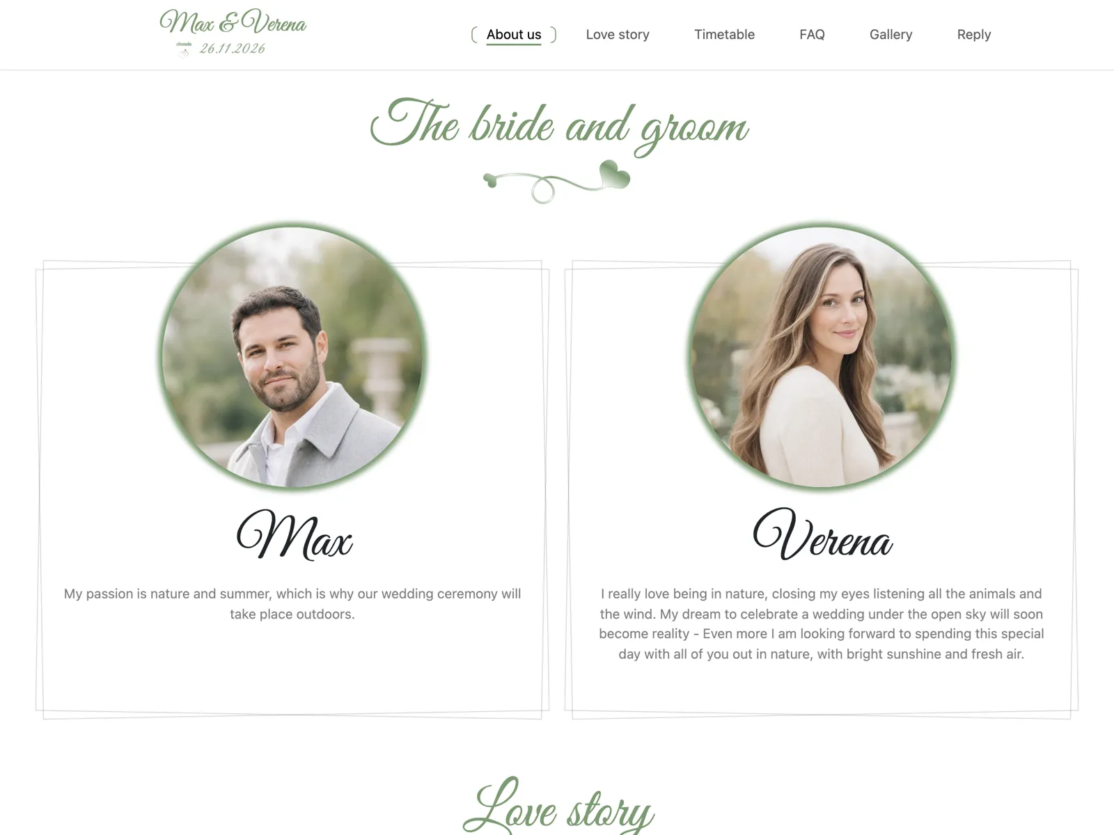 Layout of the wedding website in the Sage design: hero, countdown and RSVP block