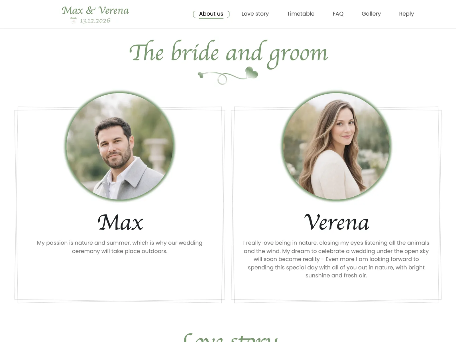 Layout of the wedding website in the Sage design: hero, countdown and RSVP block