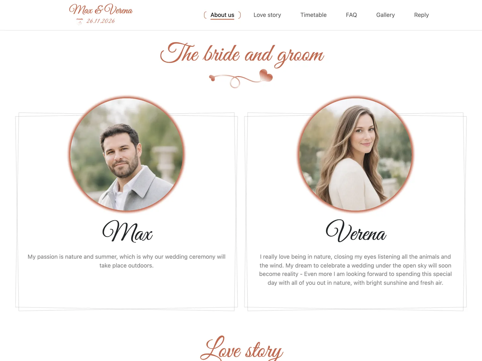 Layout of the wedding website in the Terracotta design: hero, countdown and RSVP block