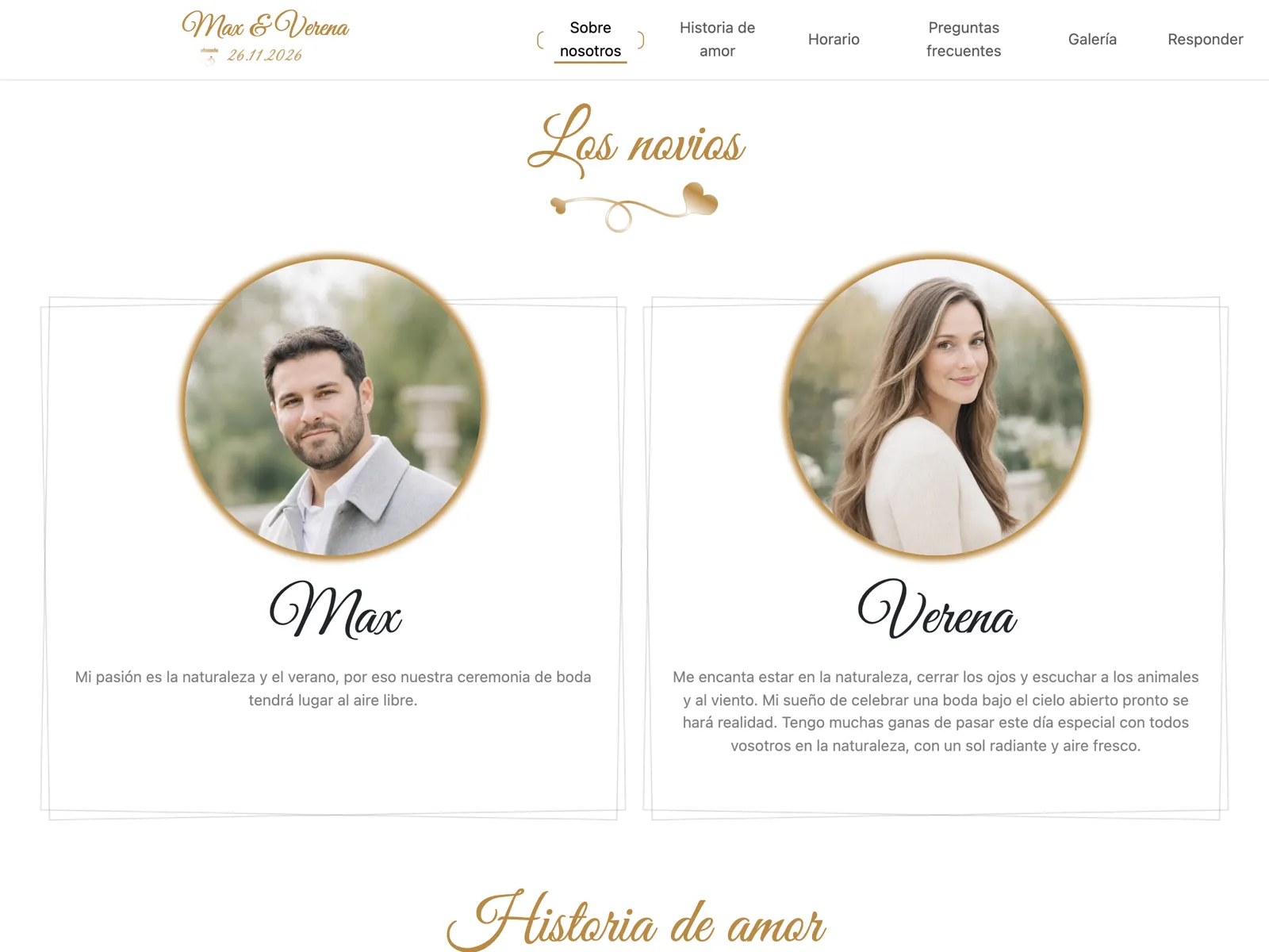 Estructura de la web de boda en el diseño Dorado: portada, cuenta atrás y bloque de confirmación