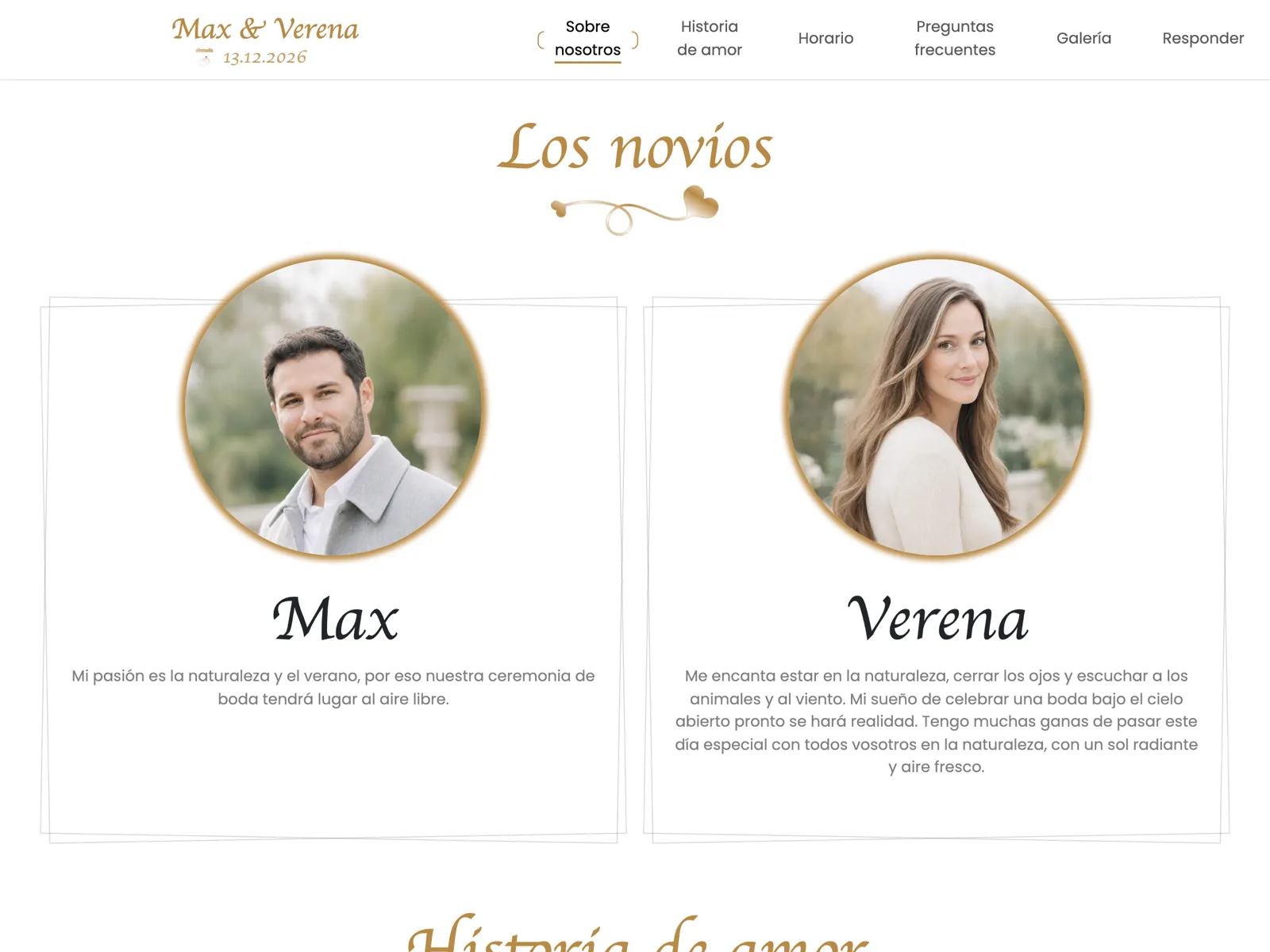Estructura de la web de boda en el diseño Dorado: portada, cuenta atrás y bloque de confirmación