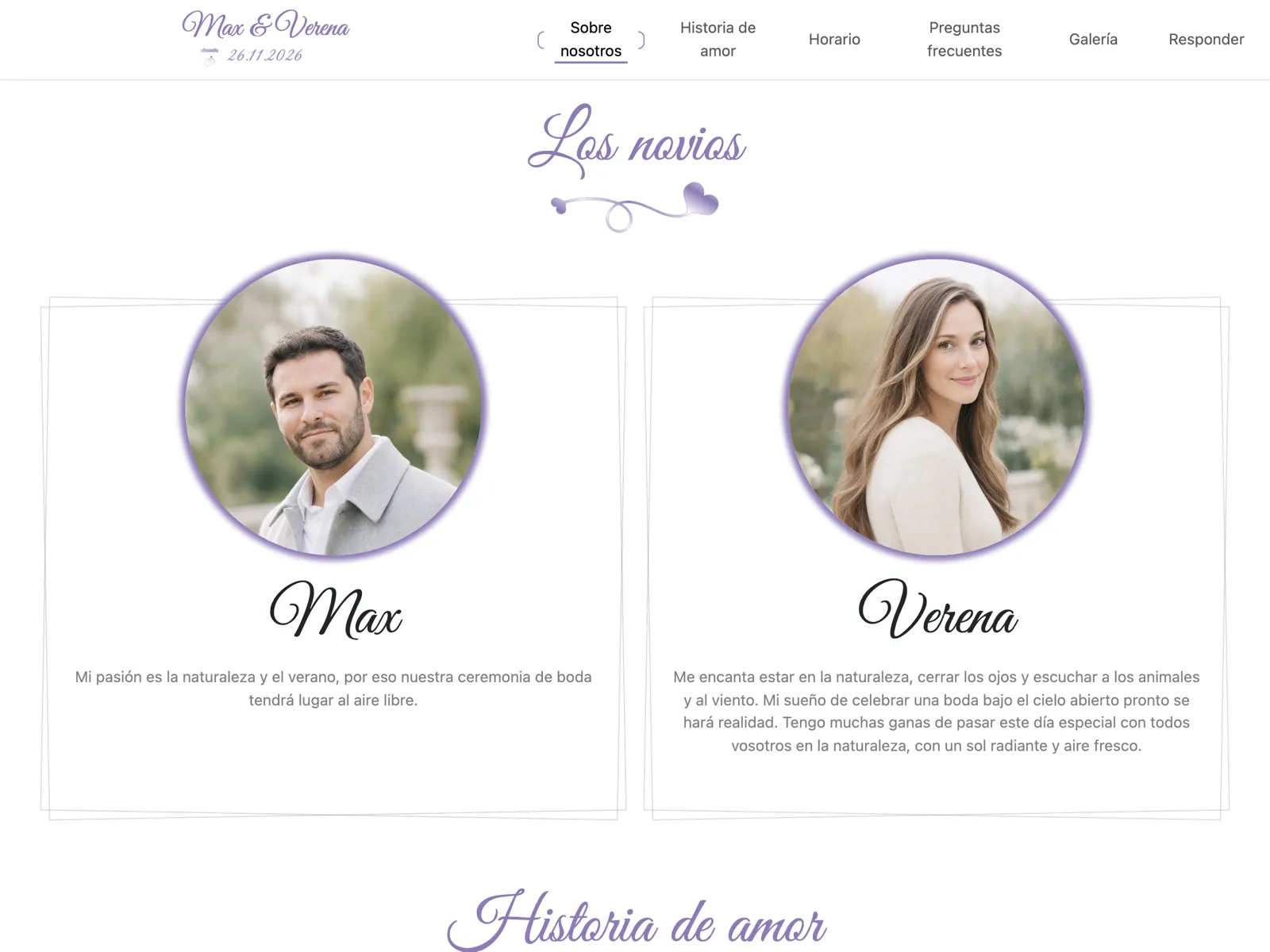 Estructura de la web de boda en el diseño Lavanda: portada, cuenta atrás y bloque de confirmación