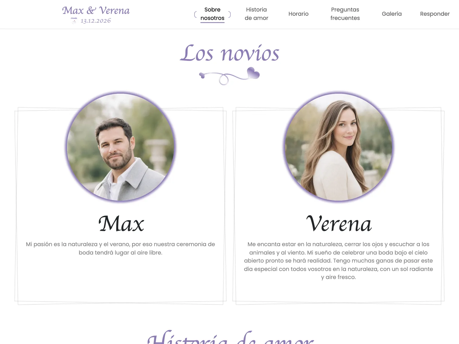 Estructura de la web de boda en el diseño Lavanda: portada, cuenta atrás y bloque de confirmación