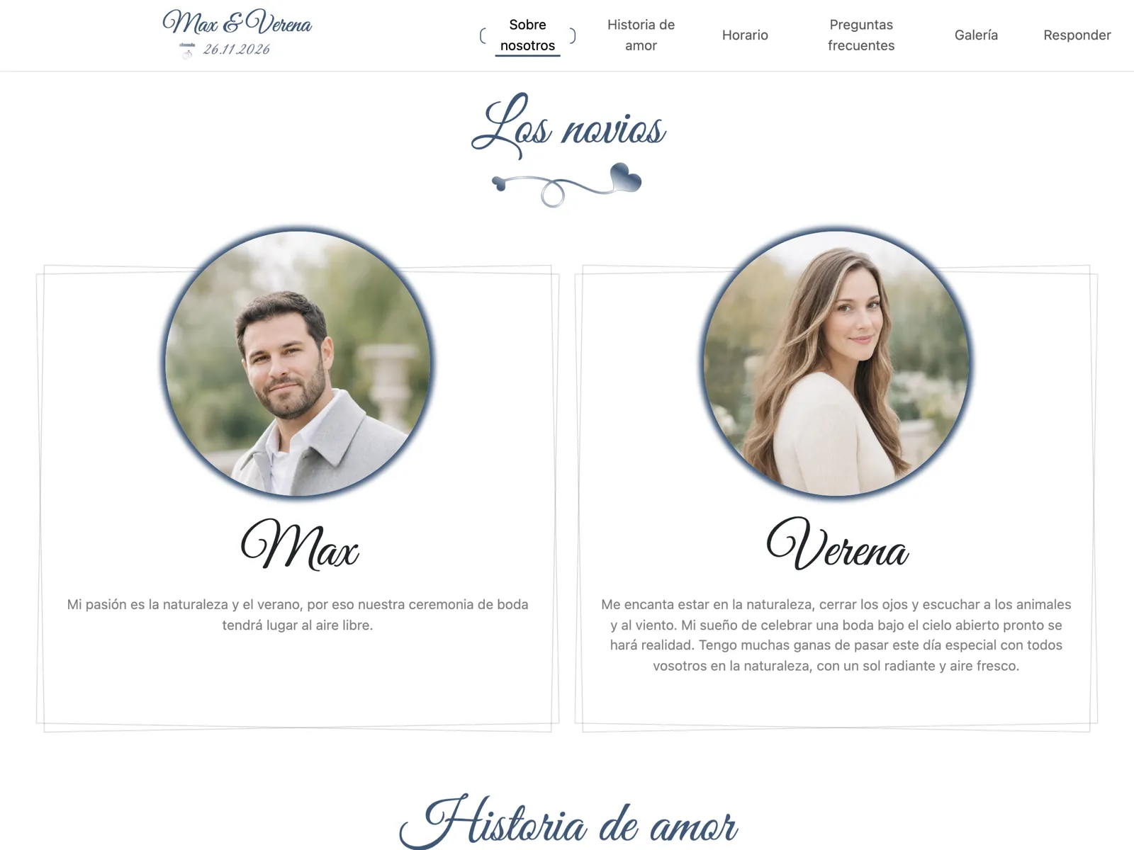 Estructura de la web de boda en el diseño Azul noche: portada, cuenta atrás y bloque de confirmación
