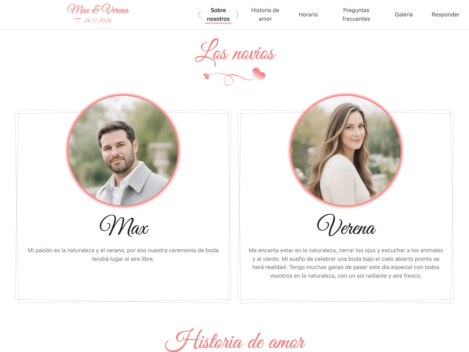 Estructura de la web de boda en el diseño Rosé: portada, cuenta atrás y bloque de confirmación