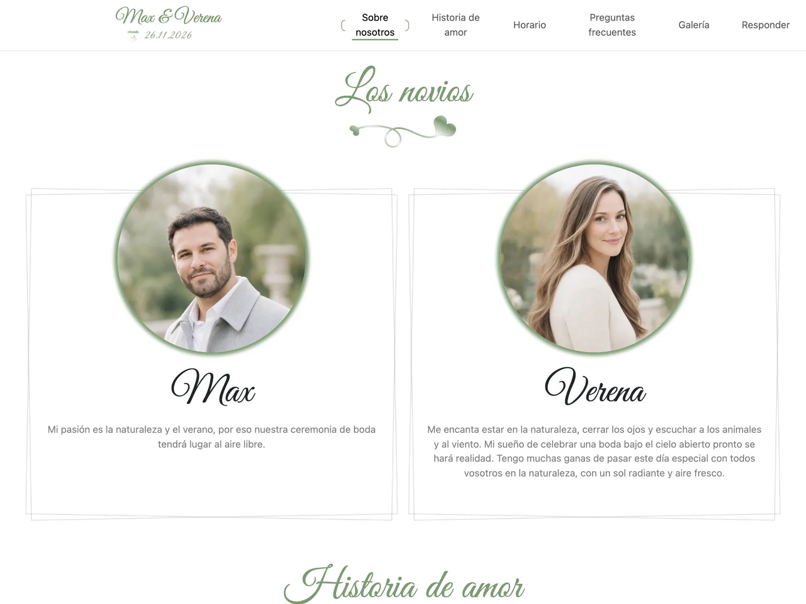 Estructura de la web de boda en el diseño Salvia: portada, cuenta atrás y bloque de confirmación