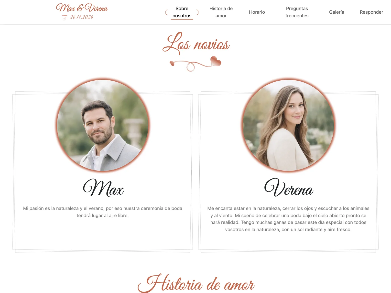 Estructura de la web de boda en el diseño Terracota: portada, cuenta atrás y bloque de confirmación