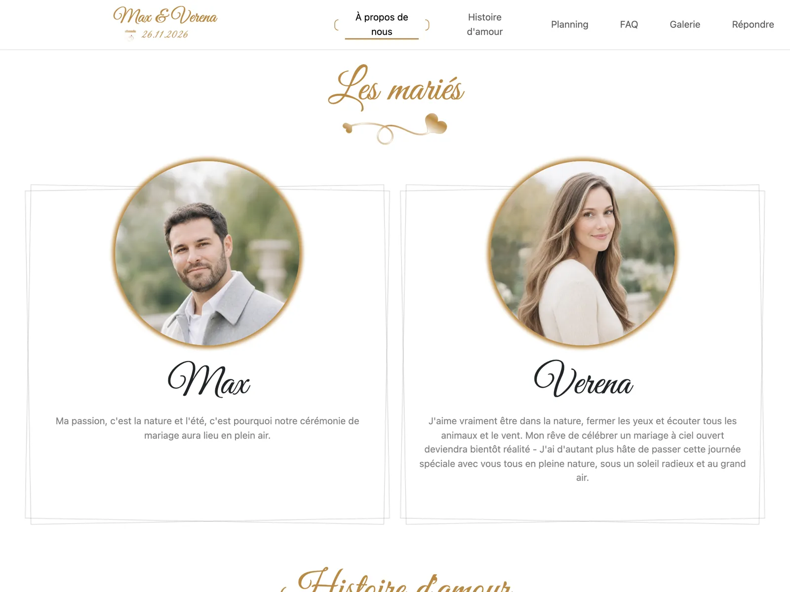 Structure du site de mariage dans le design Or : bandeau d'accueil, compte à rebours et bloc de réponse
