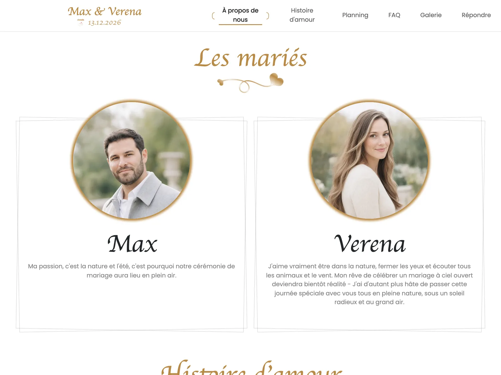 Structure du site de mariage dans le design Or : bandeau d'accueil, compte à rebours et bloc de réponse