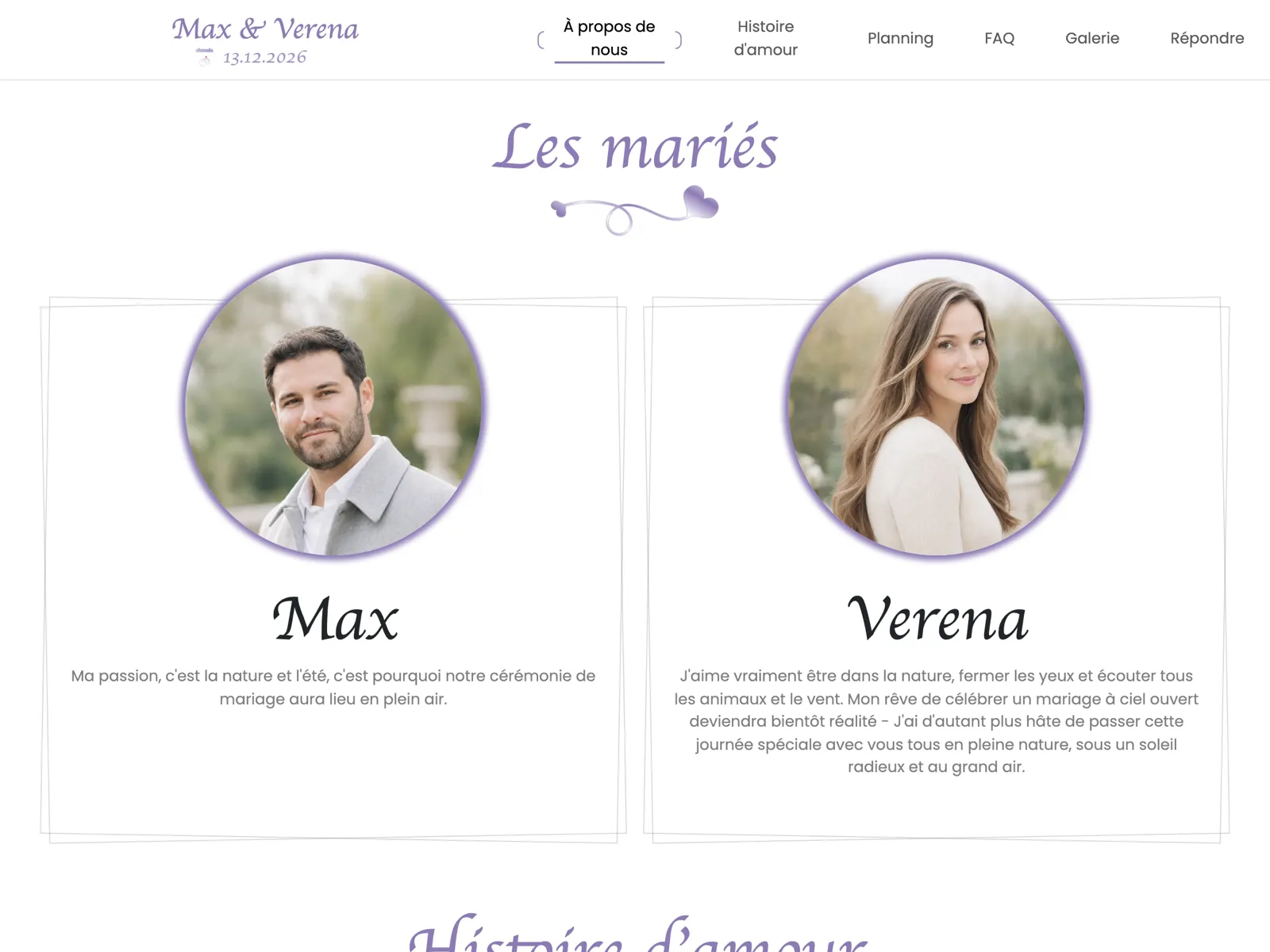 Structure du site de mariage dans le design Lavande : bandeau d'accueil, compte à rebours et bloc de réponse