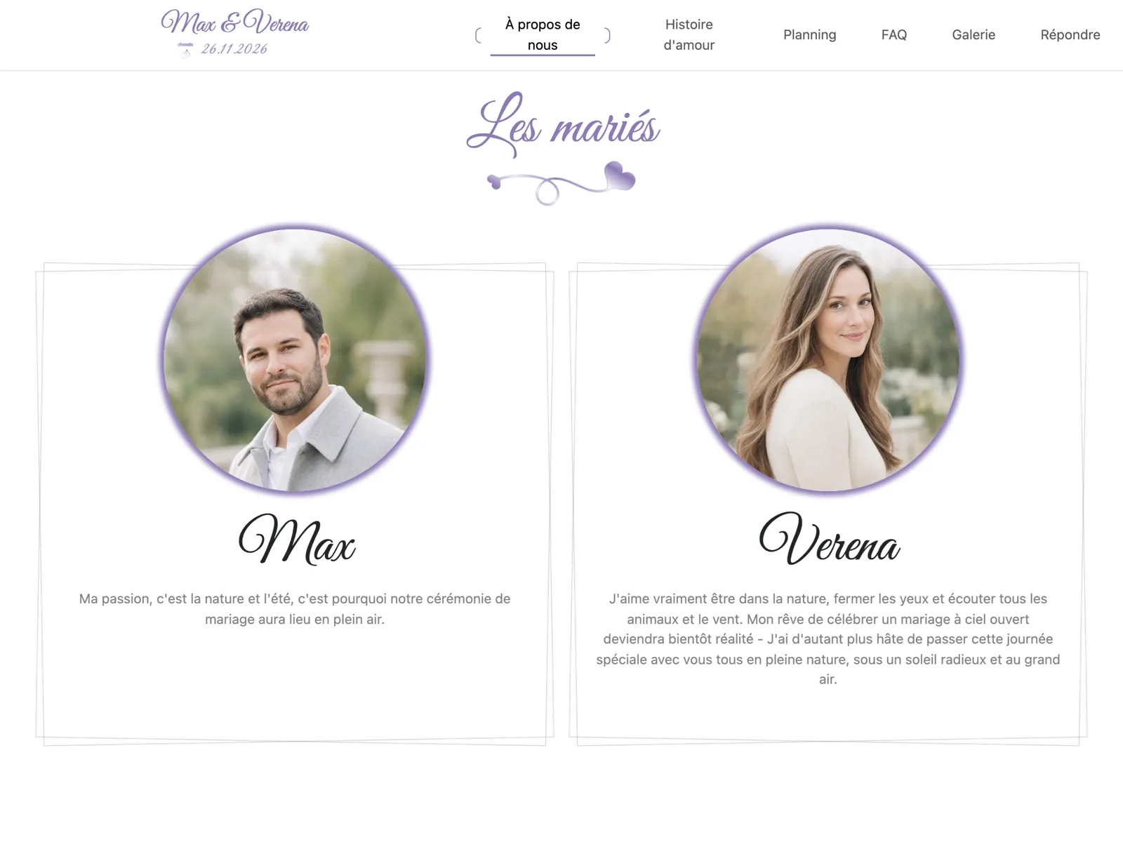 Structure du site de mariage dans le design Lavande : bandeau d'accueil, compte à rebours et bloc de réponse