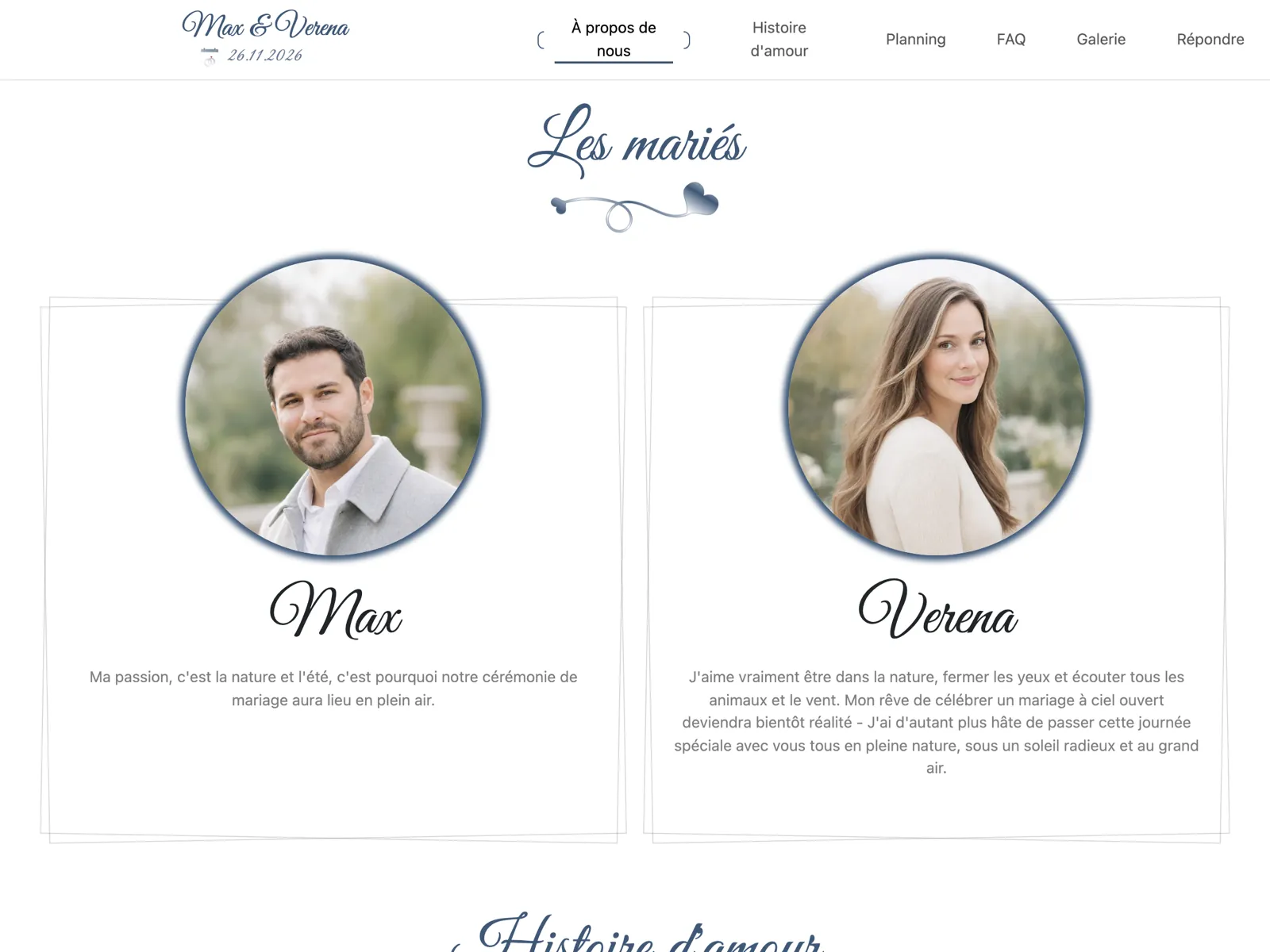Structure du site de mariage dans le design Bleu nuit : bandeau d'accueil, compte à rebours et bloc de réponse