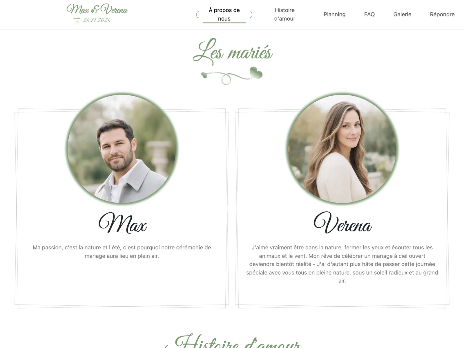 Structure du site de mariage dans le design Sauge : bandeau d'accueil, compte à rebours et bloc de réponse