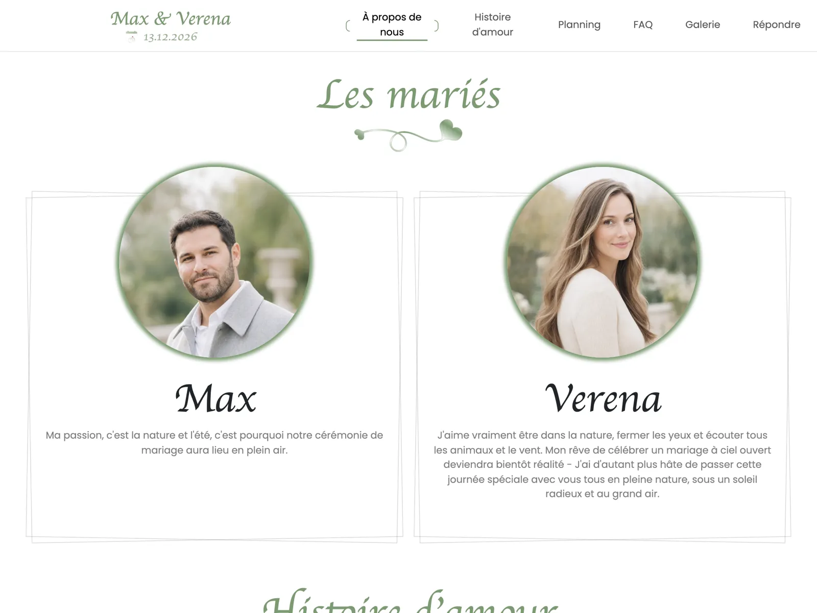 Structure du site de mariage dans le design Sauge : bandeau d'accueil, compte à rebours et bloc de réponse