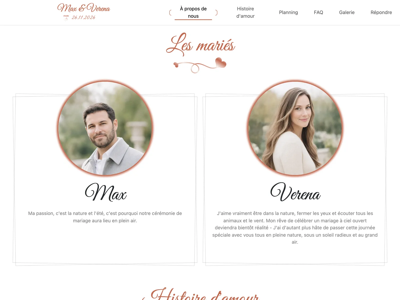 Structure du site de mariage dans le design Terracotta : bandeau d'accueil, compte à rebours et bloc de réponse