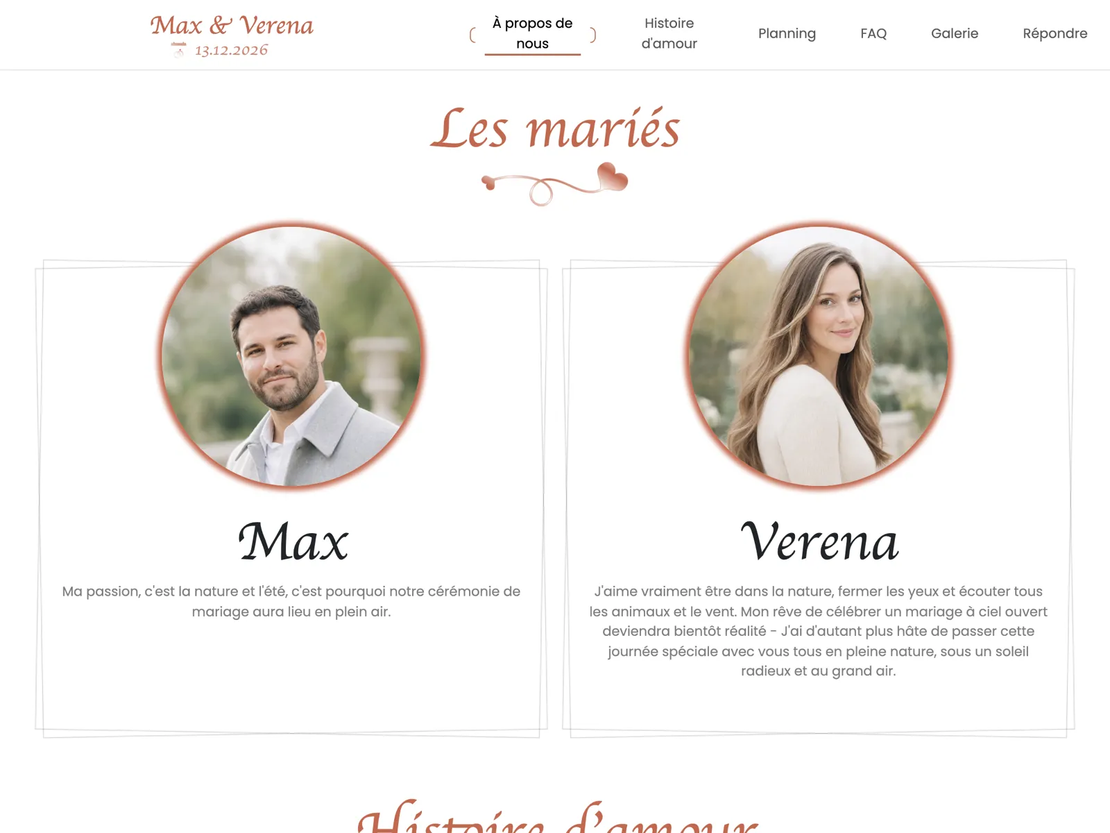 Structure du site de mariage dans le design Terracotta : bandeau d'accueil, compte à rebours et bloc de réponse