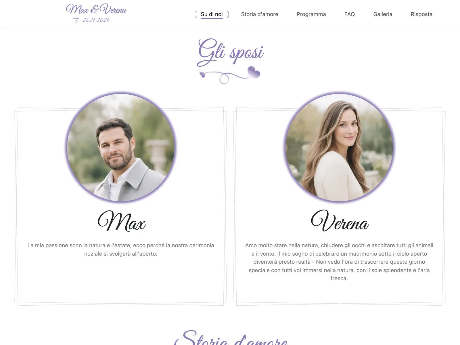 Struttura del sito matrimonio nel design Lavanda: testata, conto alla rovescia e blocco delle conferme