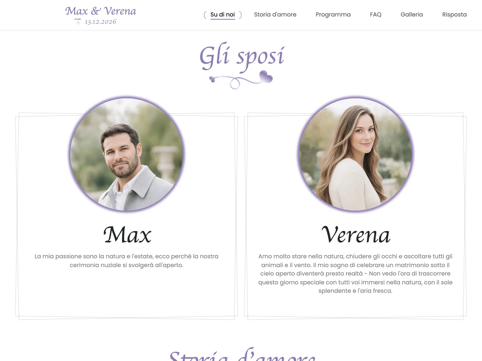 Struttura del sito matrimonio nel design Lavanda: testata, conto alla rovescia e blocco delle conferme