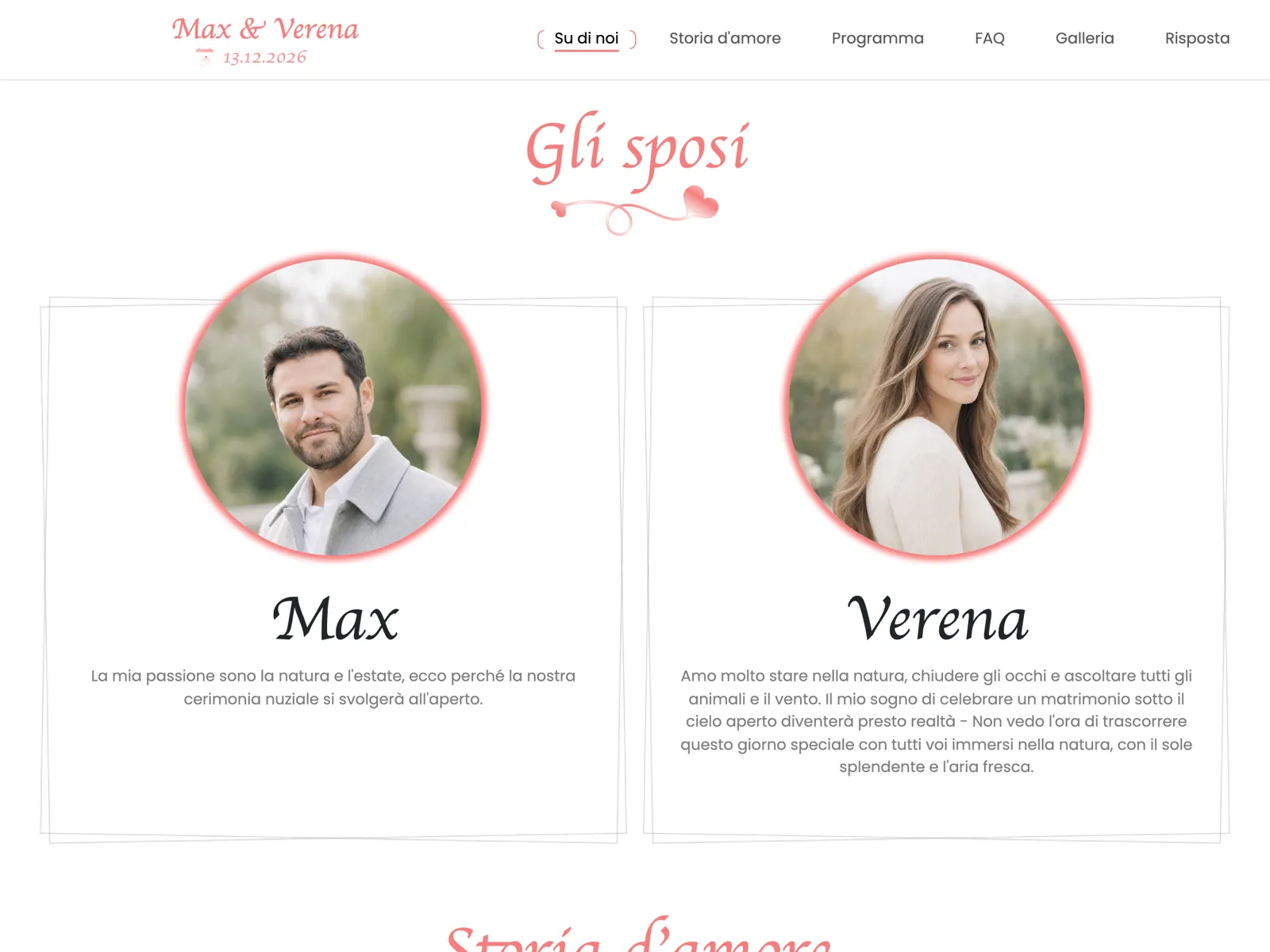 Struttura del sito matrimonio nel design Rosé: testata, conto alla rovescia e blocco delle conferme