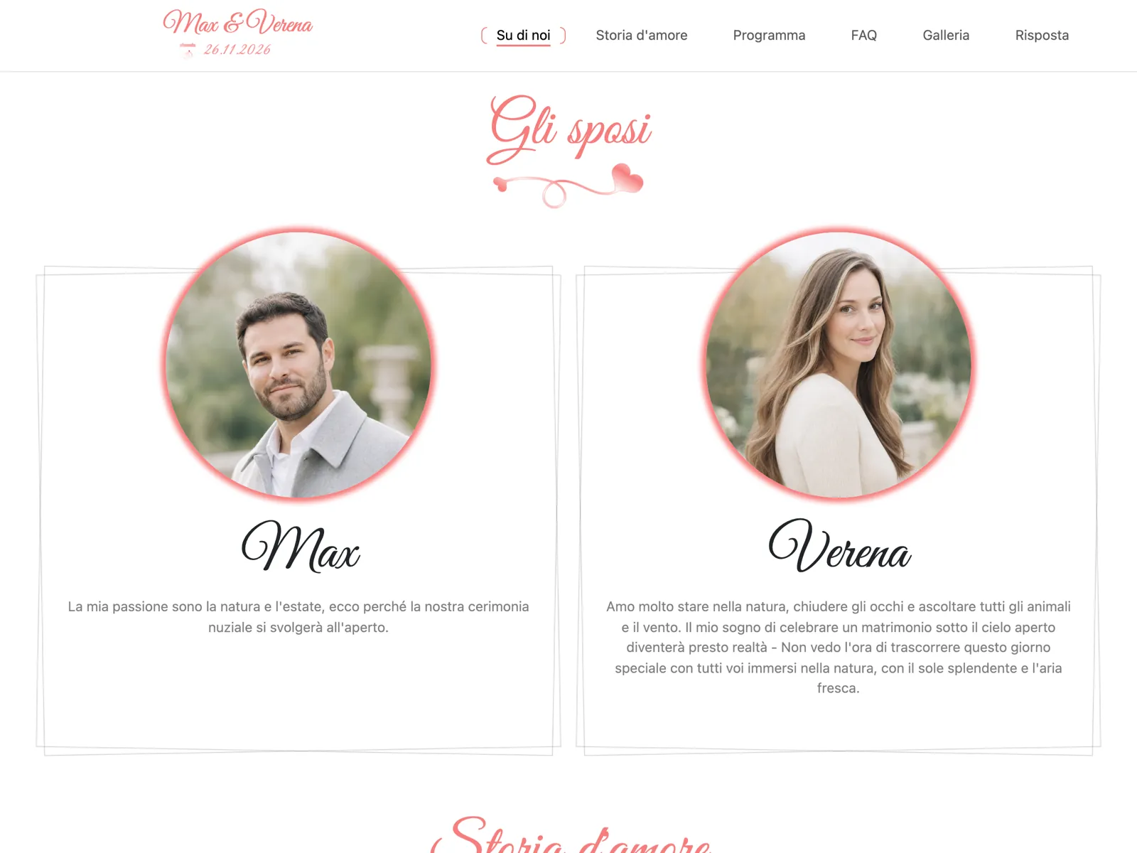 Struttura del sito matrimonio nel design Rosé: testata, conto alla rovescia e blocco delle conferme
