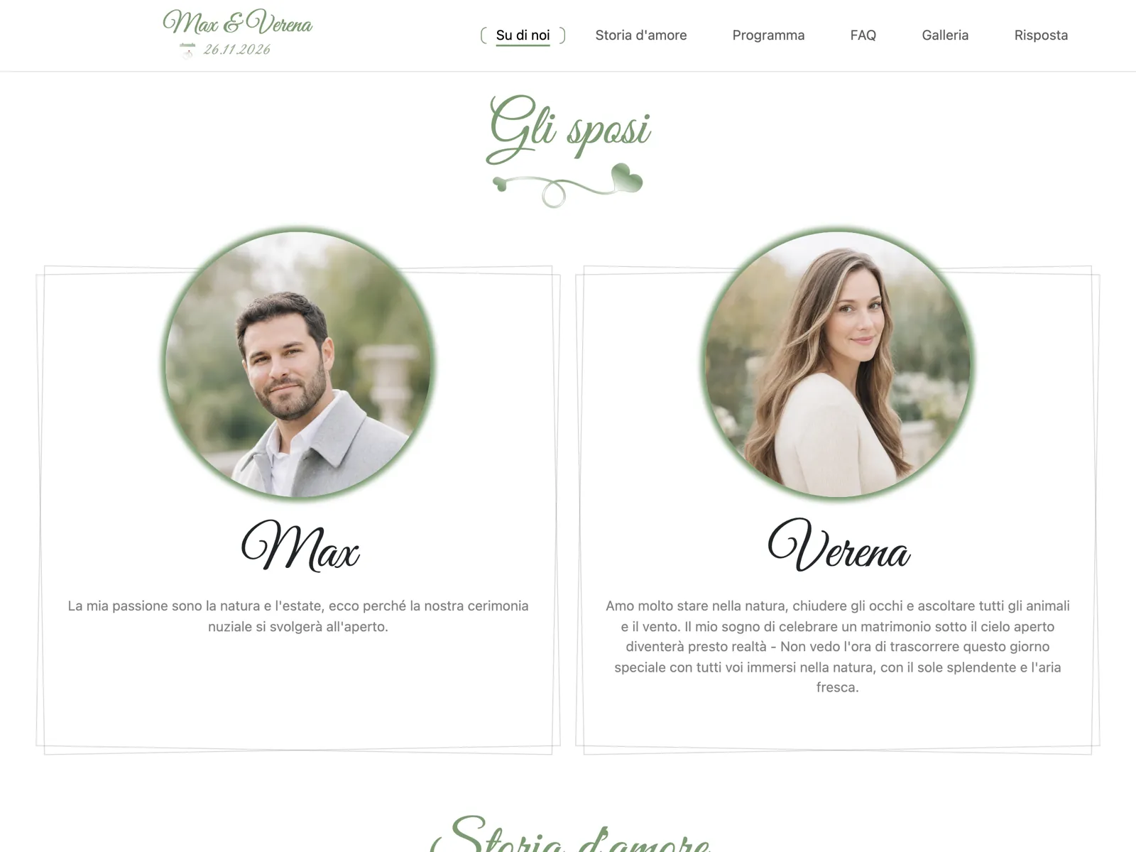 Struttura del sito matrimonio nel design Salvia: testata, conto alla rovescia e blocco delle conferme