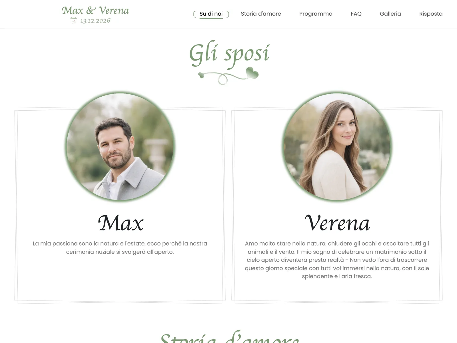 Struttura del sito matrimonio nel design Salvia: testata, conto alla rovescia e blocco delle conferme