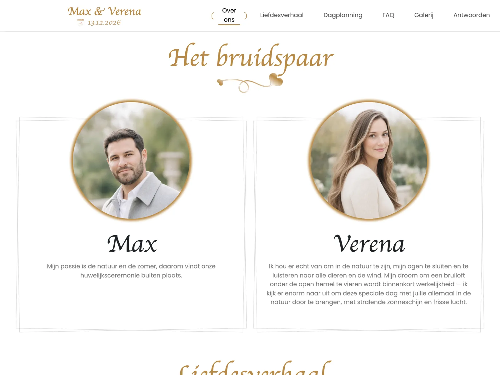 Opbouw van de trouwwebsite in het design Goud: kop, aftelklok en RSVP-blok
