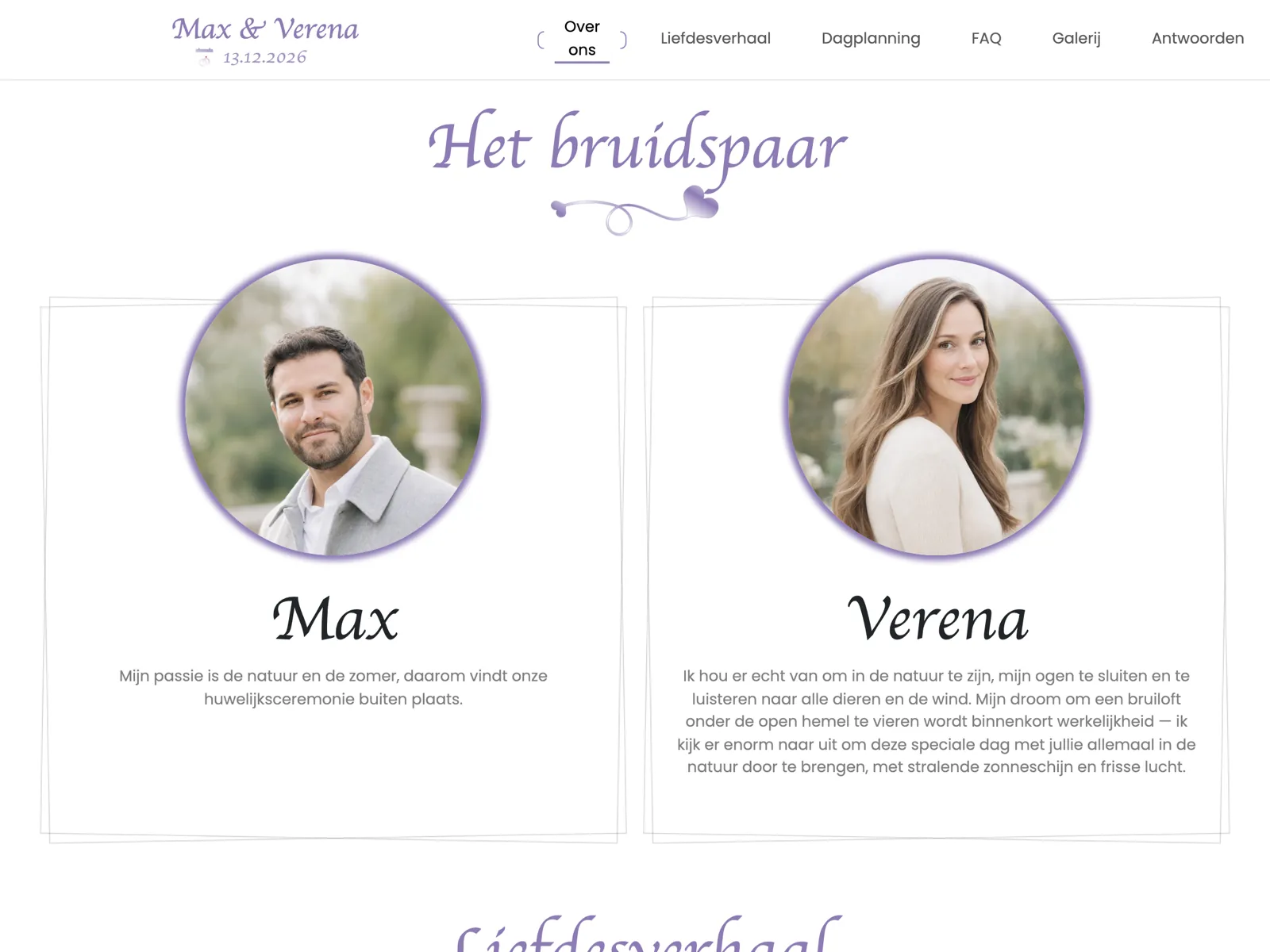 Opbouw van de trouwwebsite in het design Lavendel: kop, aftelklok en RSVP-blok