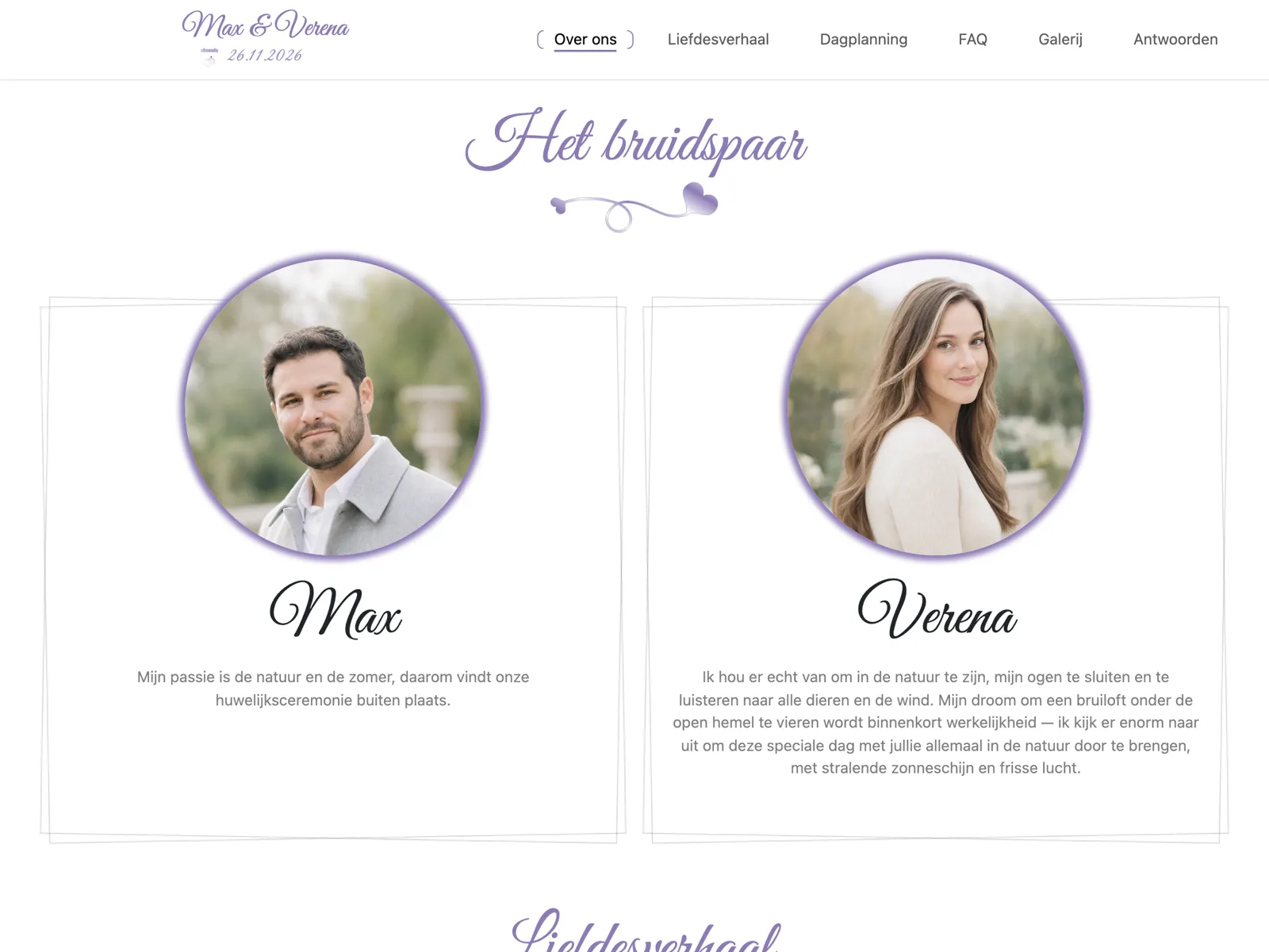 Opbouw van de trouwwebsite in het design Lavendel: kop, aftelklok en RSVP-blok