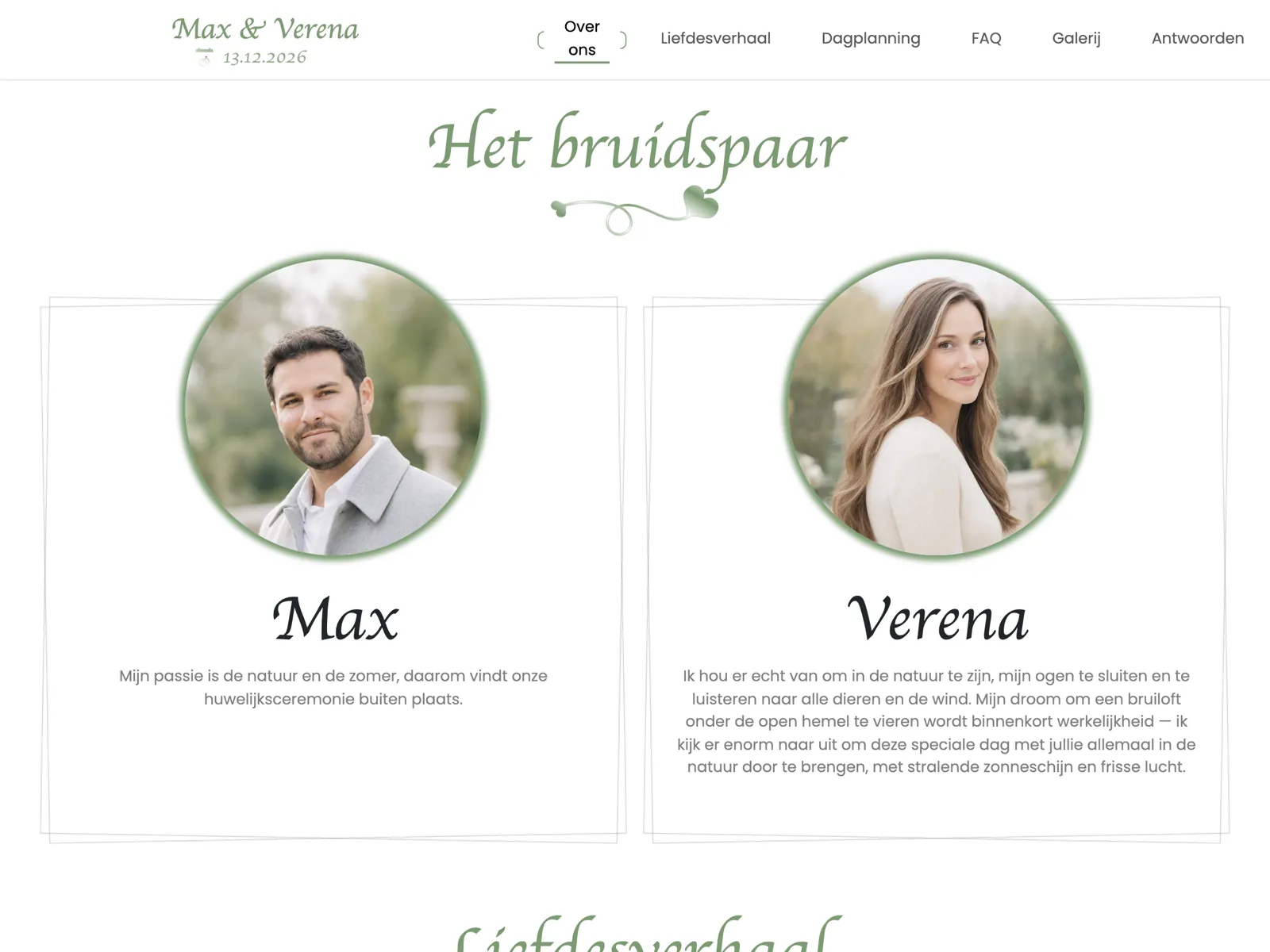Opbouw van de trouwwebsite in het design Salie: kop, aftelklok en RSVP-blok