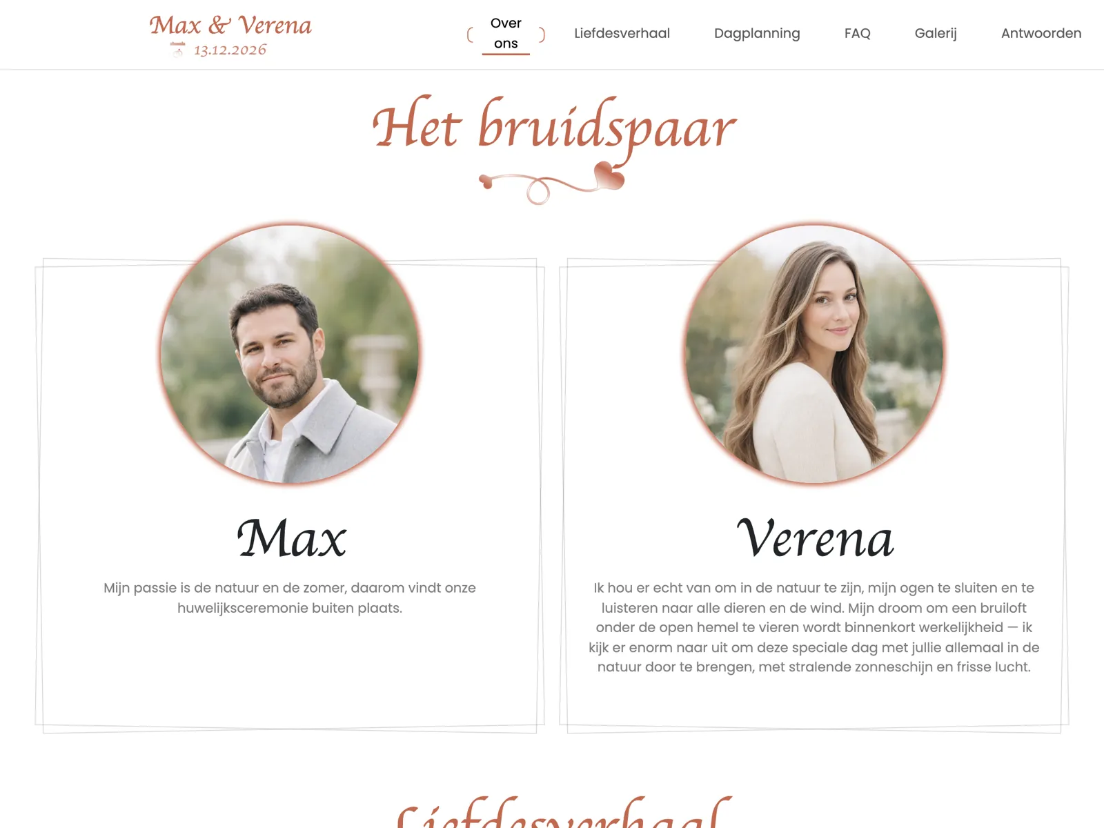 Opbouw van de trouwwebsite in het design Terracotta: kop, aftelklok en RSVP-blok