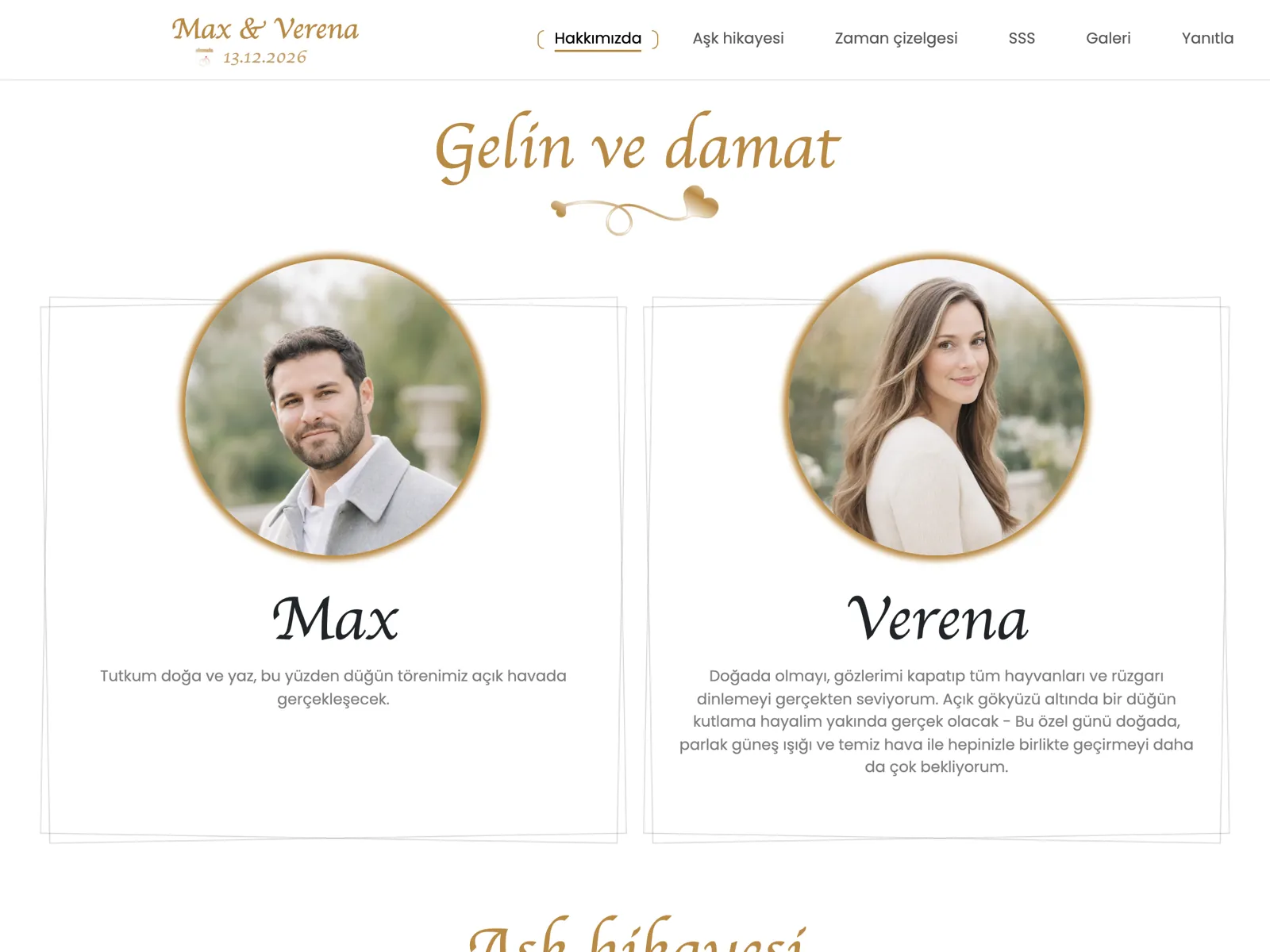 Altın tasarımında düğün web sitesinin yapısı: üst bölüm, geri sayım ve katılım bloğu