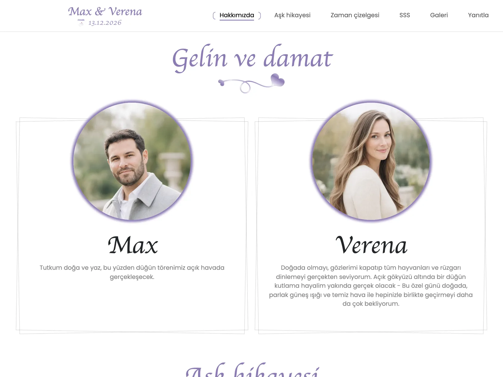 Lavanta tasarımında düğün web sitesinin yapısı: üst bölüm, geri sayım ve katılım bloğu