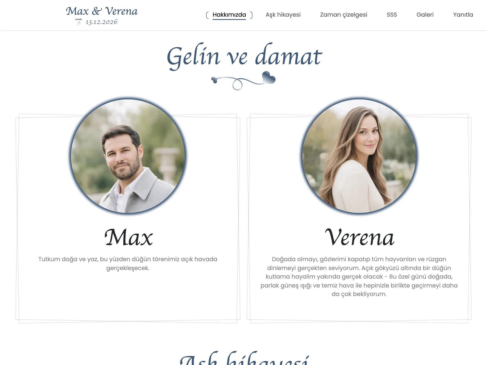 Gece mavisi tasarımında düğün web sitesinin yapısı: üst bölüm, geri sayım ve katılım bloğu