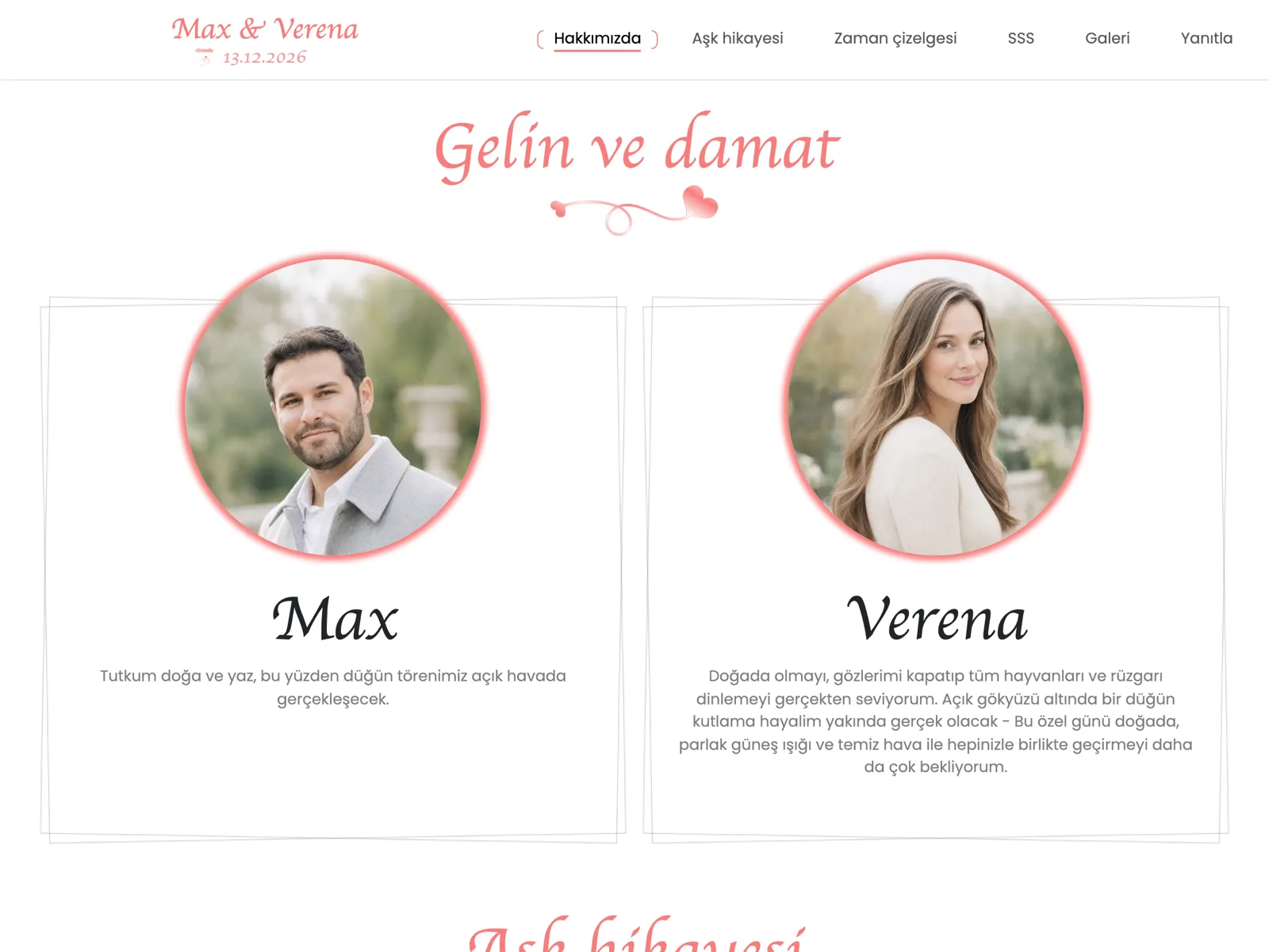 Gül tasarımında düğün web sitesinin yapısı: üst bölüm, geri sayım ve katılım bloğu