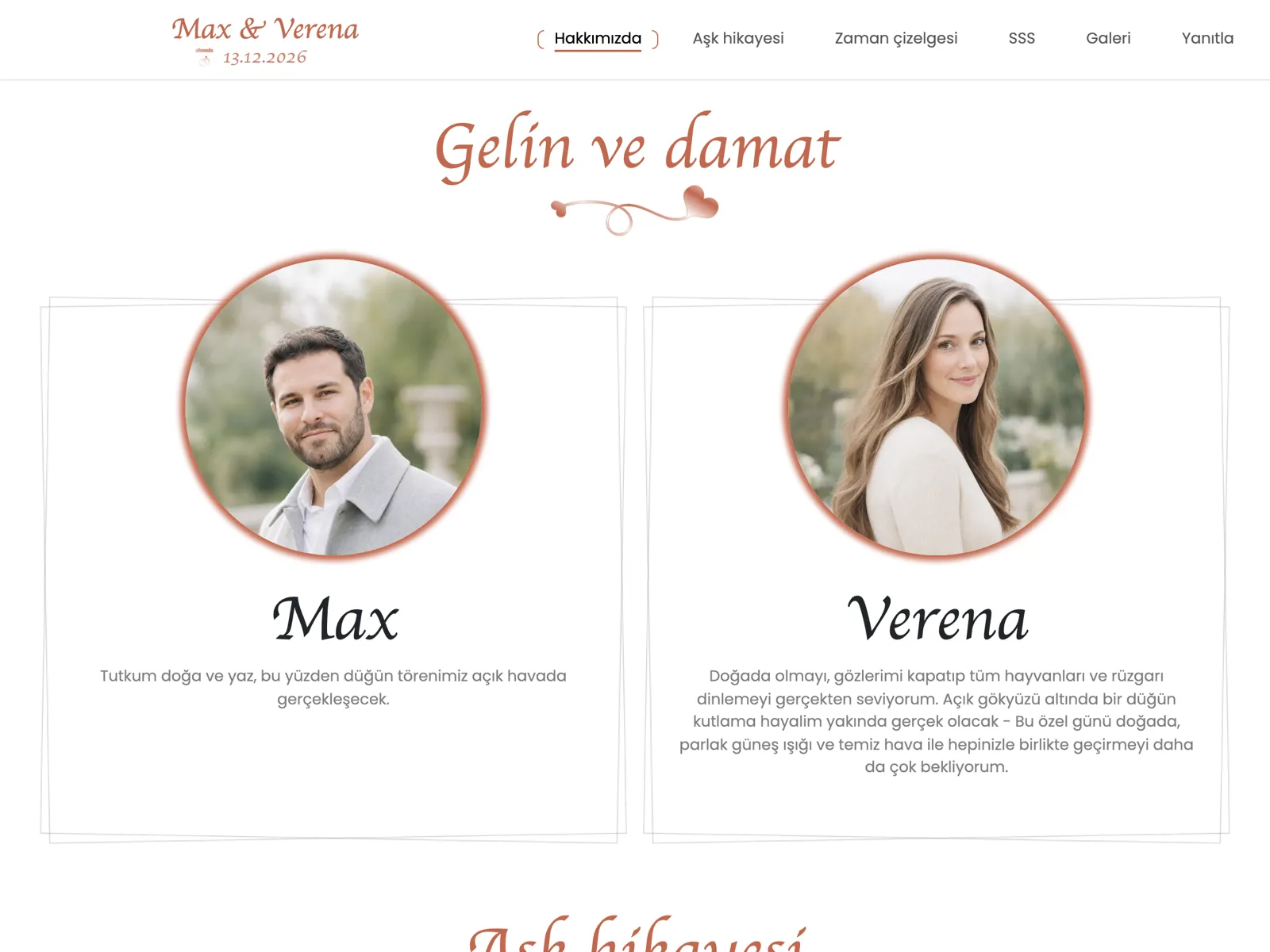 Terakota tasarımında düğün web sitesinin yapısı: üst bölüm, geri sayım ve katılım bloğu