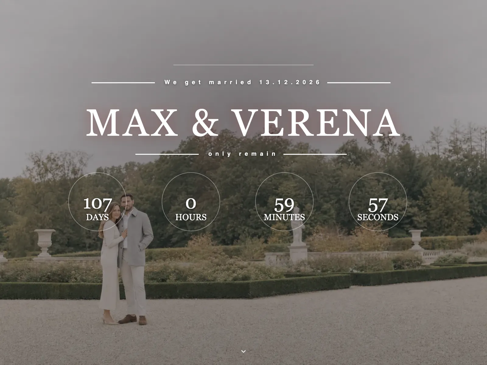Hero of the wedding website in the Editorial typeface: the couple's names, date and countdown
