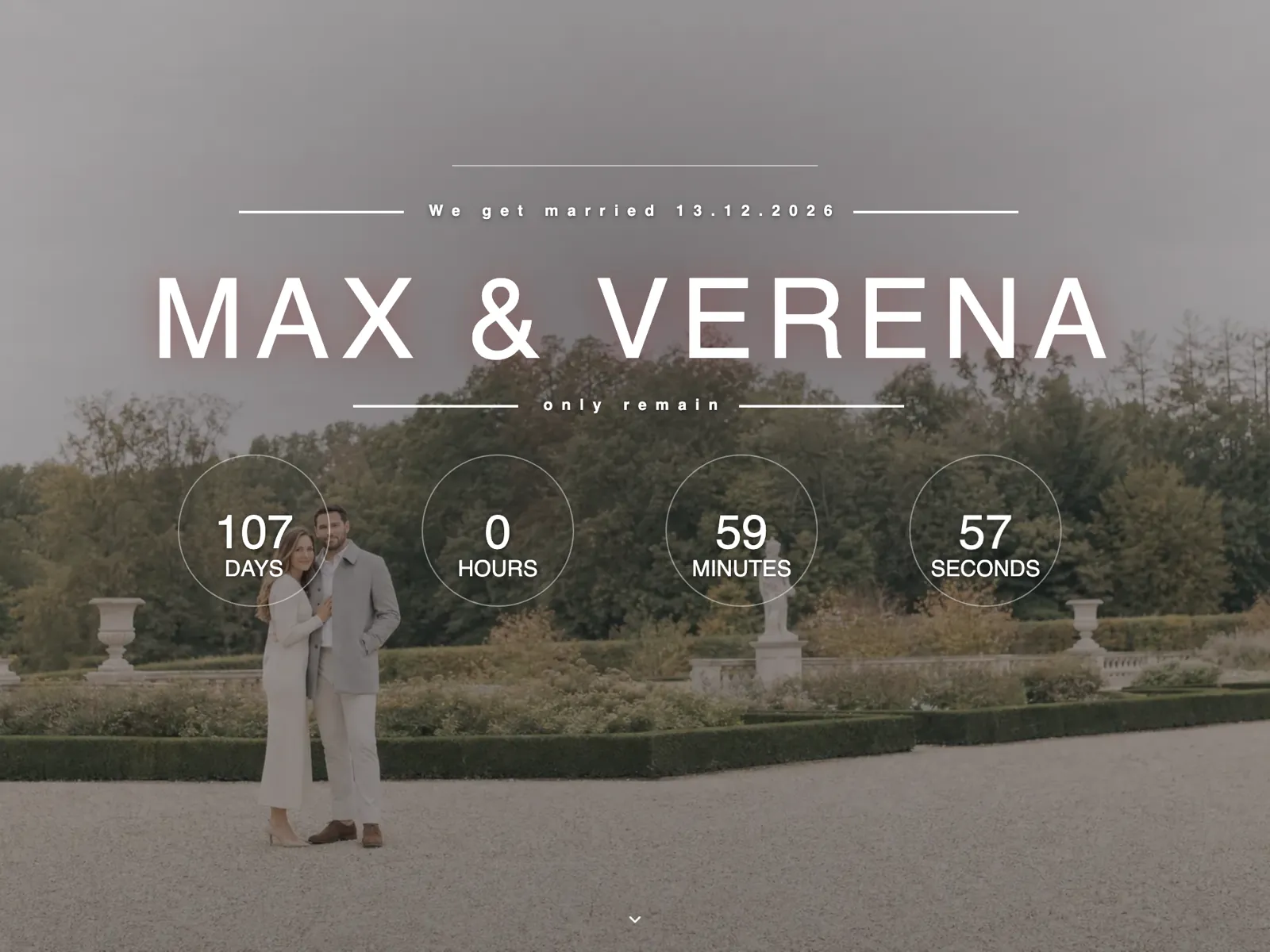 Hero of the wedding website in the Poster typeface: the couple's names, date and countdown