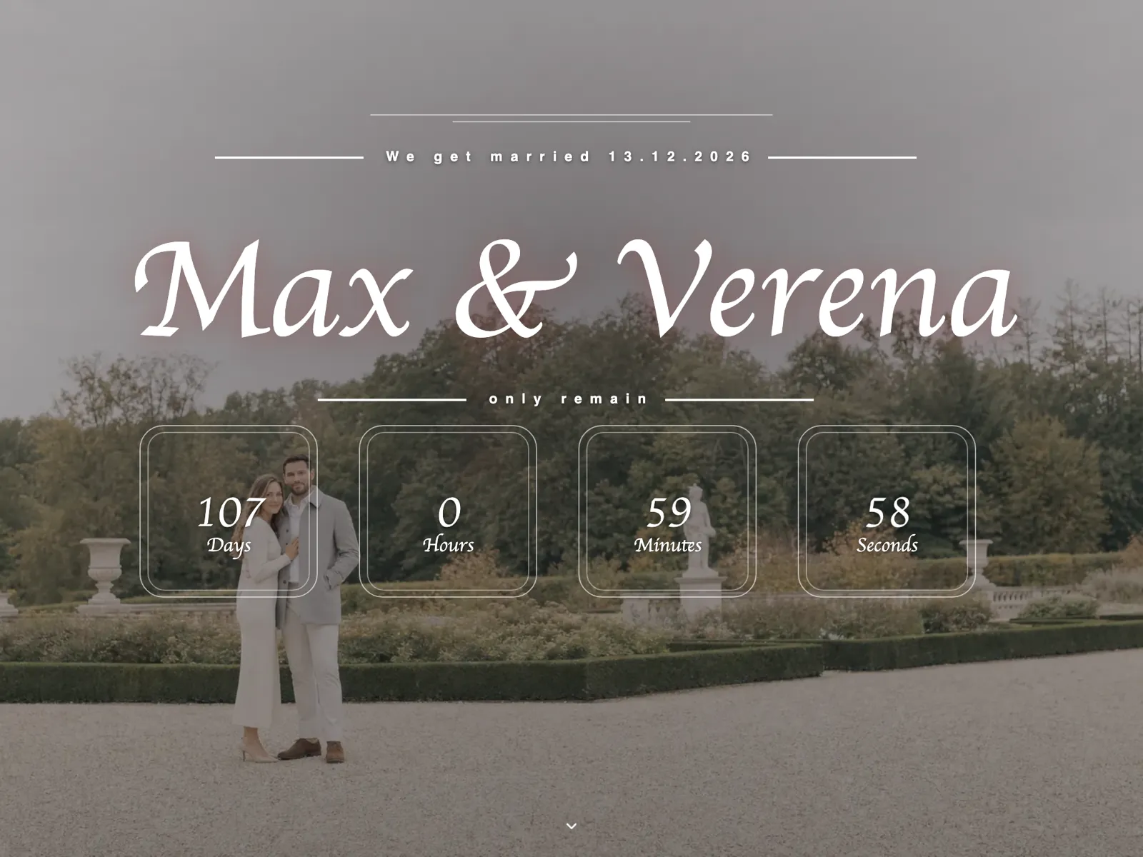 Hero of the wedding website in the Retro typeface: the couple's names, date and countdown