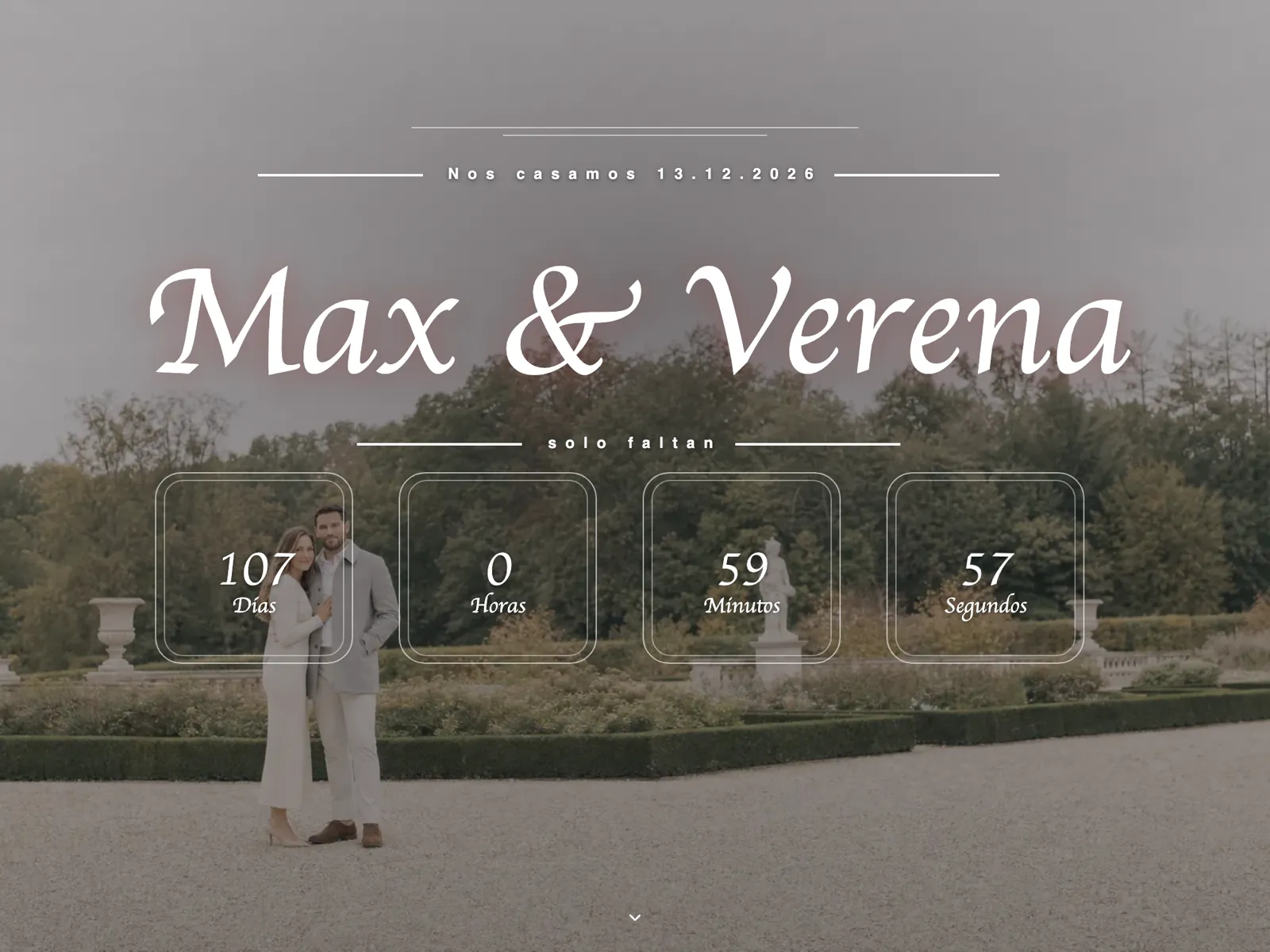 Portada de la web de boda en la tipografía Retro: nombres de la pareja, fecha y cuenta atrás