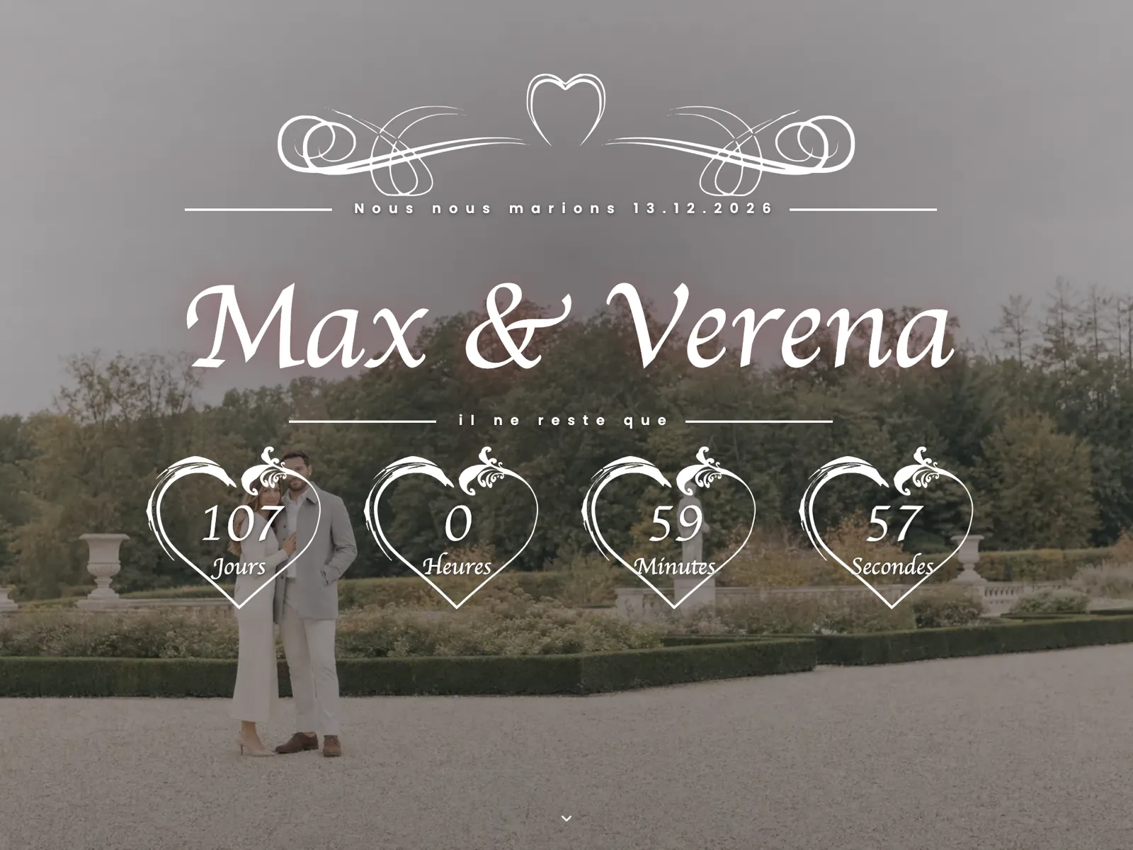 En-tête du site de mariage dans la typographie Classique : prénoms du couple, date et compte à rebours