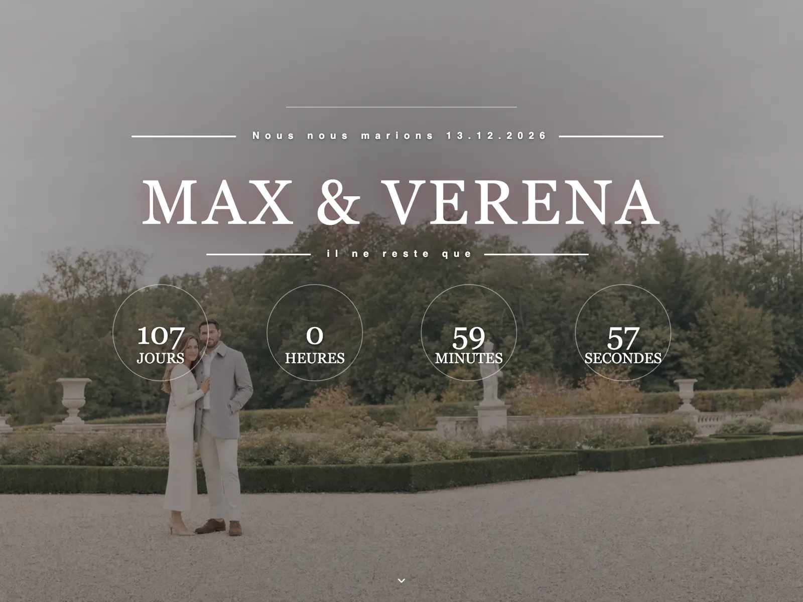 En-tête du site de mariage dans la typographie Éditorial : prénoms du couple, date et compte à rebours